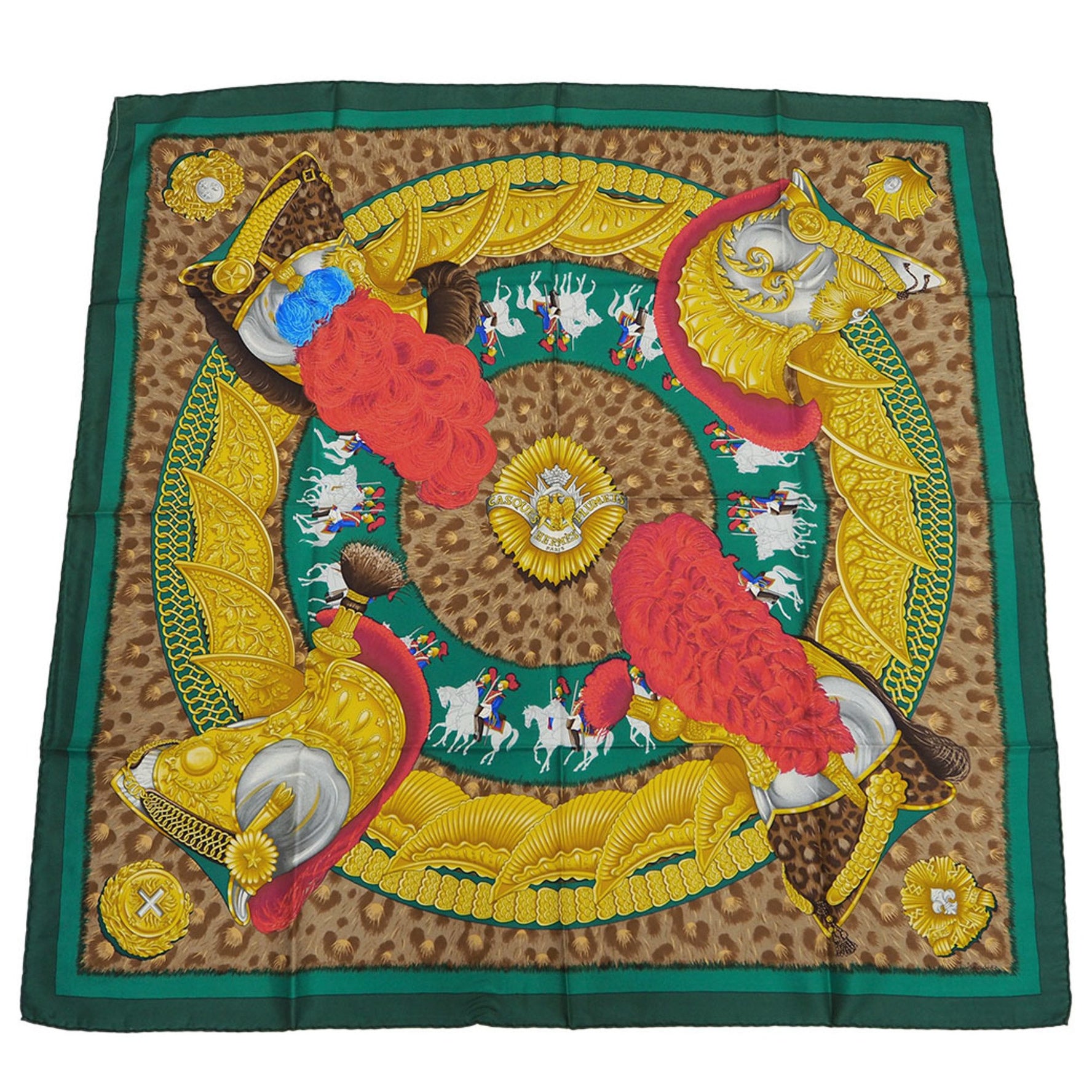 HERMES Carre 90 CASQUES et PLUMETS Faceless Helmet Scarf Muffler Green Hakuba Knight