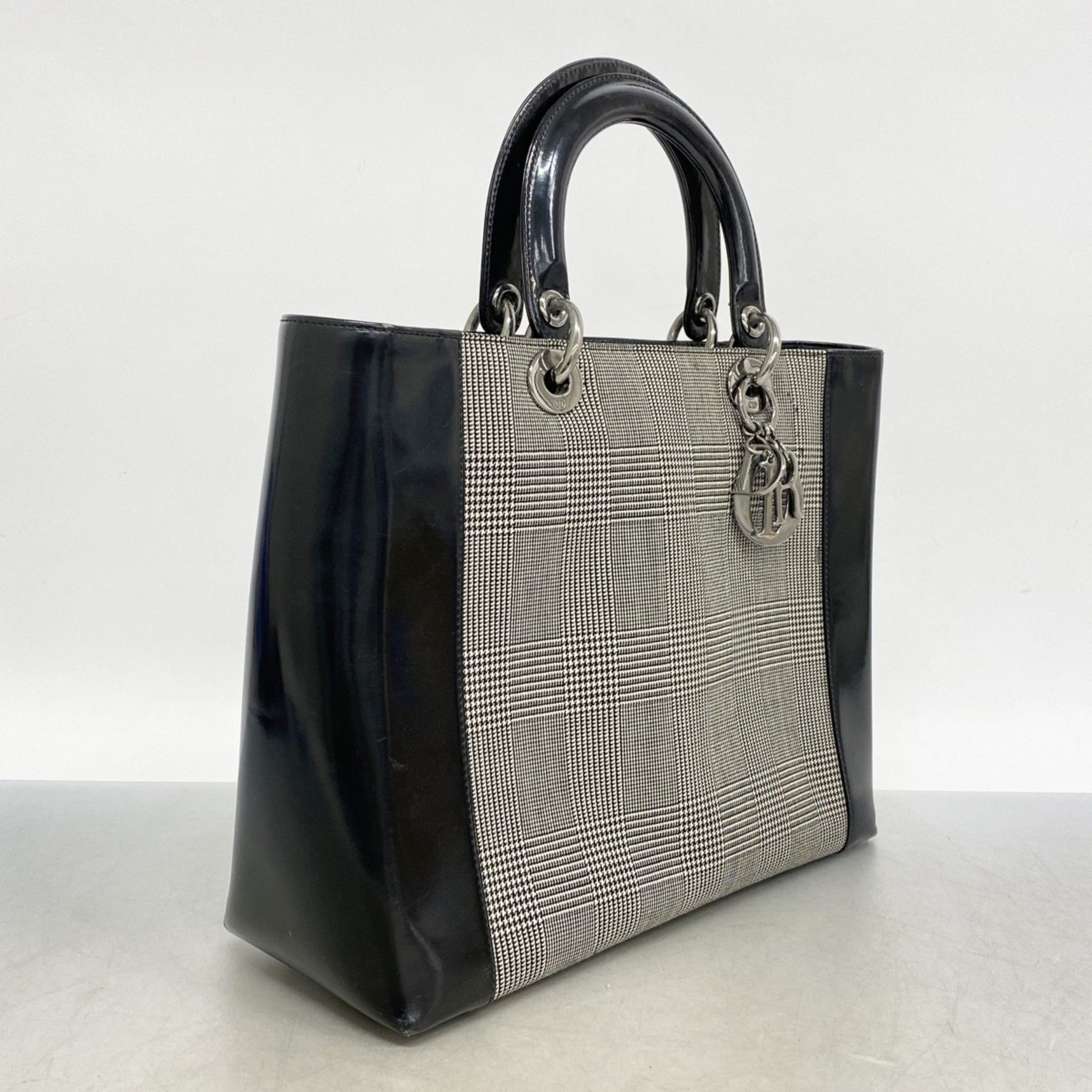 Christian Dior Lady Handbag Canvas Enamel Black Gray