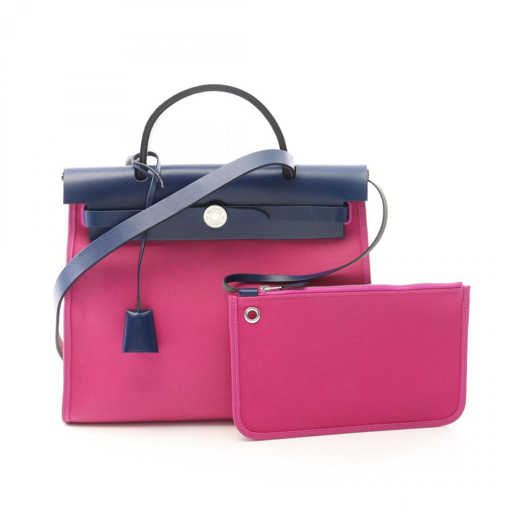 Hermes Hermès Airbag Zip PM Handbag, Canvas and Leather, Toile Officier Vache Hunter, Pink, Navy, Blue Sapphire