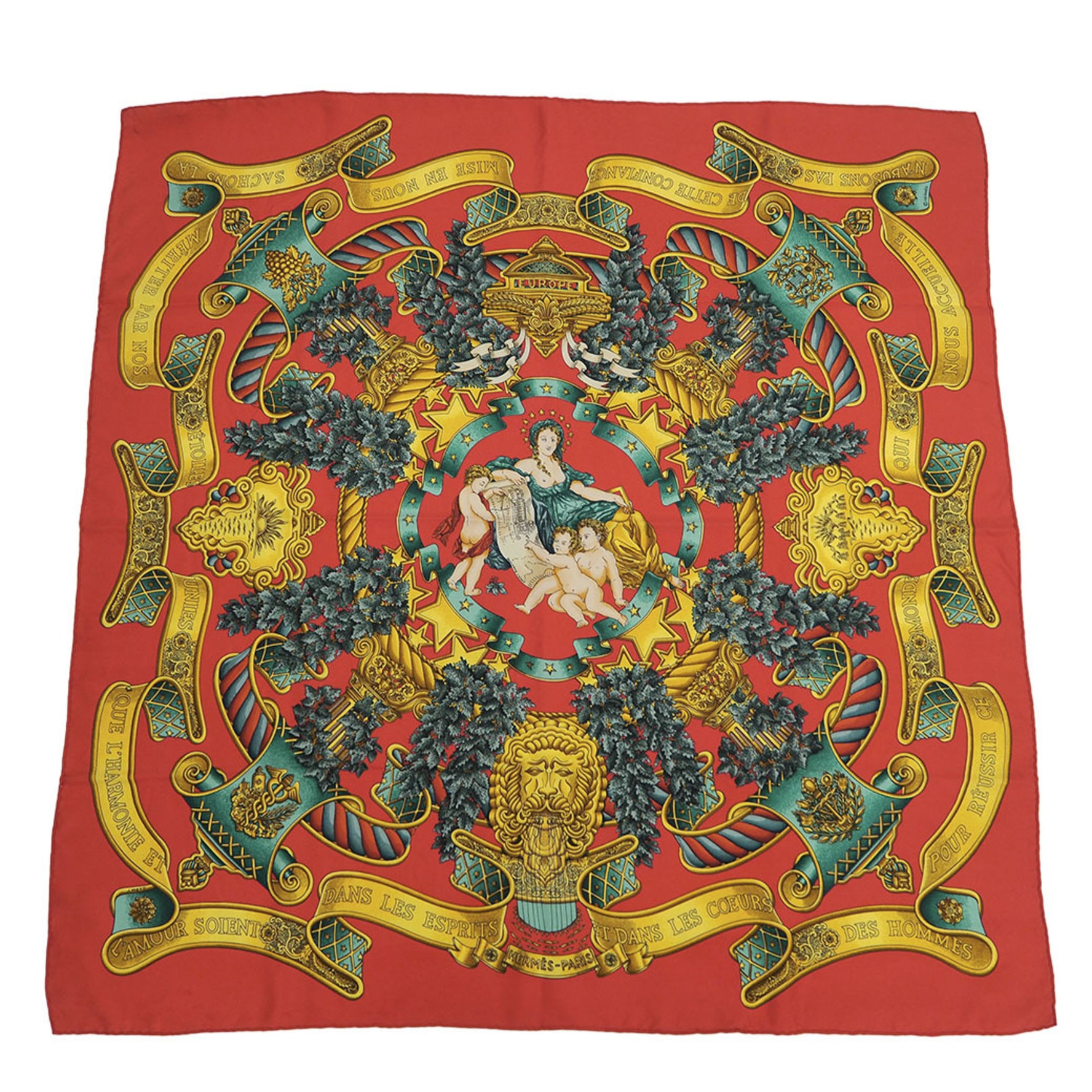 HERMES Carre 90 EUROPE European Goddess Children Red x Green Scarf Muffler Rectangle
