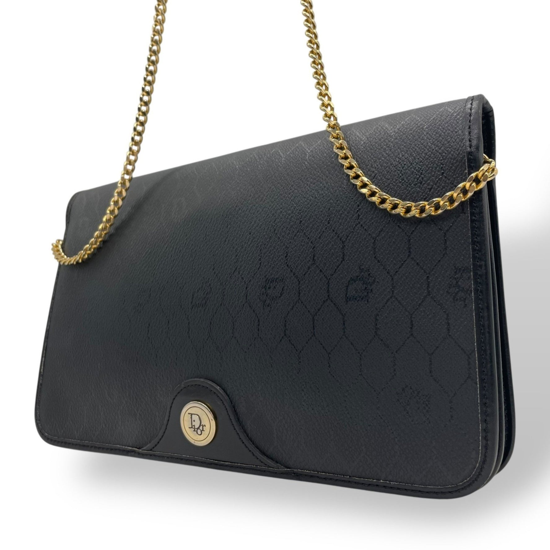 Christian Dior Vintage Honeycomb Pattern Leather Shoulder Bag with Chain Shoulder/Crossbody Strap, Gold Hardware