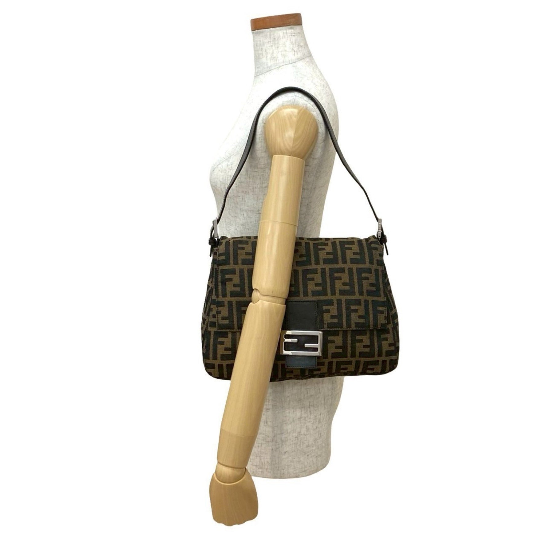 FENDI Mamma Bucket Zucca FF Pattern Canvas and Leather Semi-One Shoulder Bag Brown Black