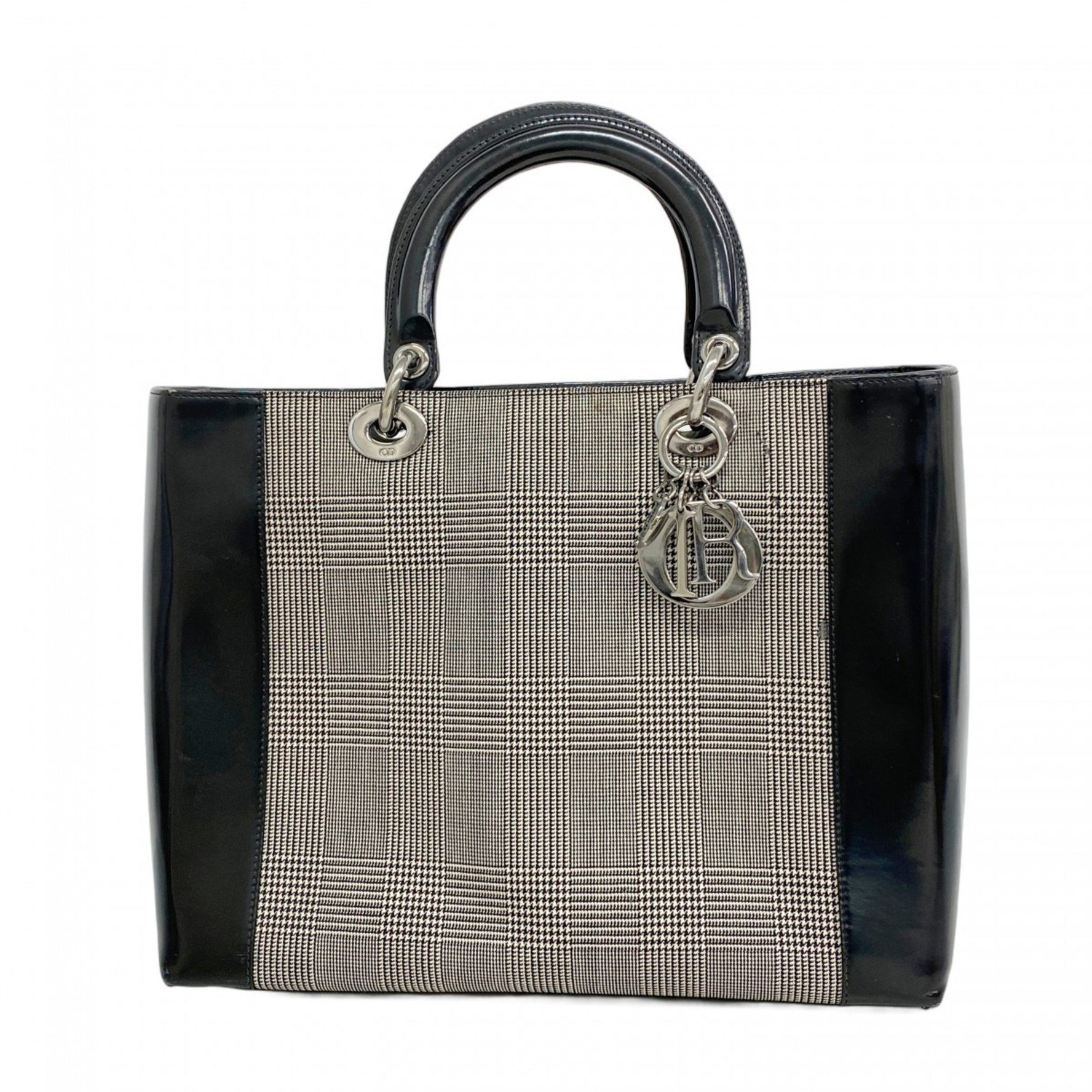 Christian Dior Lady Handbag Canvas Enamel Black Gray