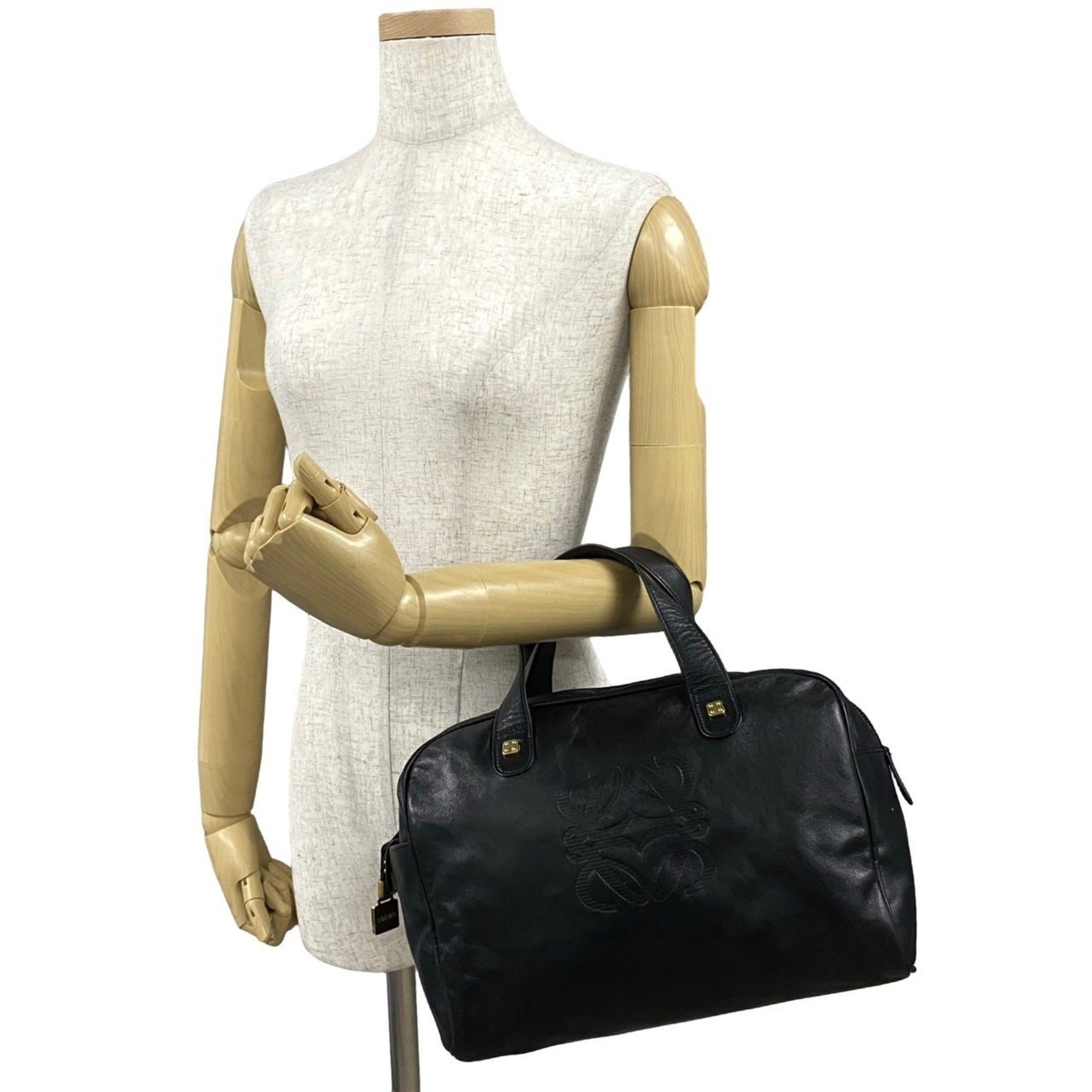LOEWE Anagram Logo Embossed Leather Genuine Handbag, Mini Boston Bag, Tote