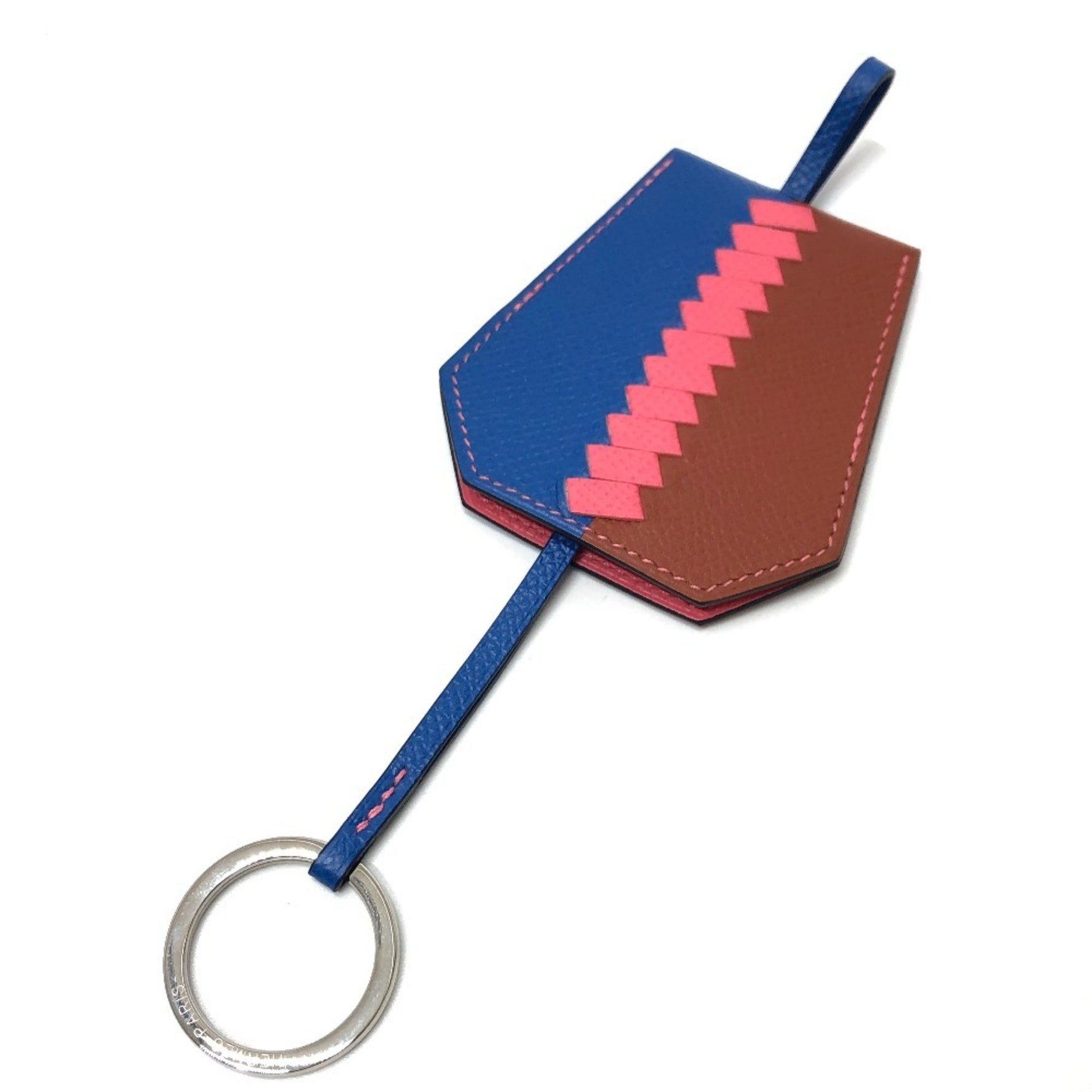 HERMES Hermès Clé Grand Trasage Crochet Key Ring, Epson, Brick x Bleu Zéliege Rose Azalee, Blue
