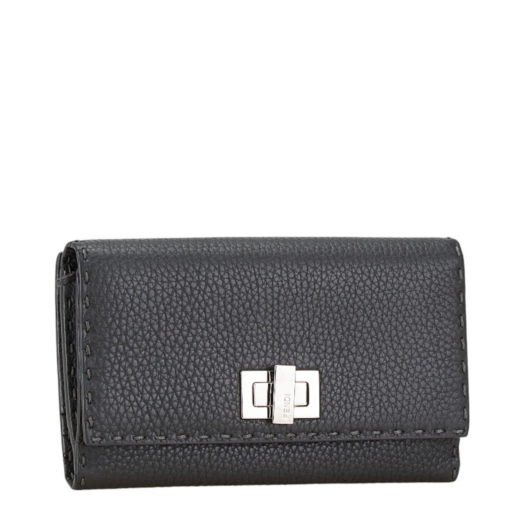 FENDI Selleria Peekaboo Long Wallet Grey Silver Leather