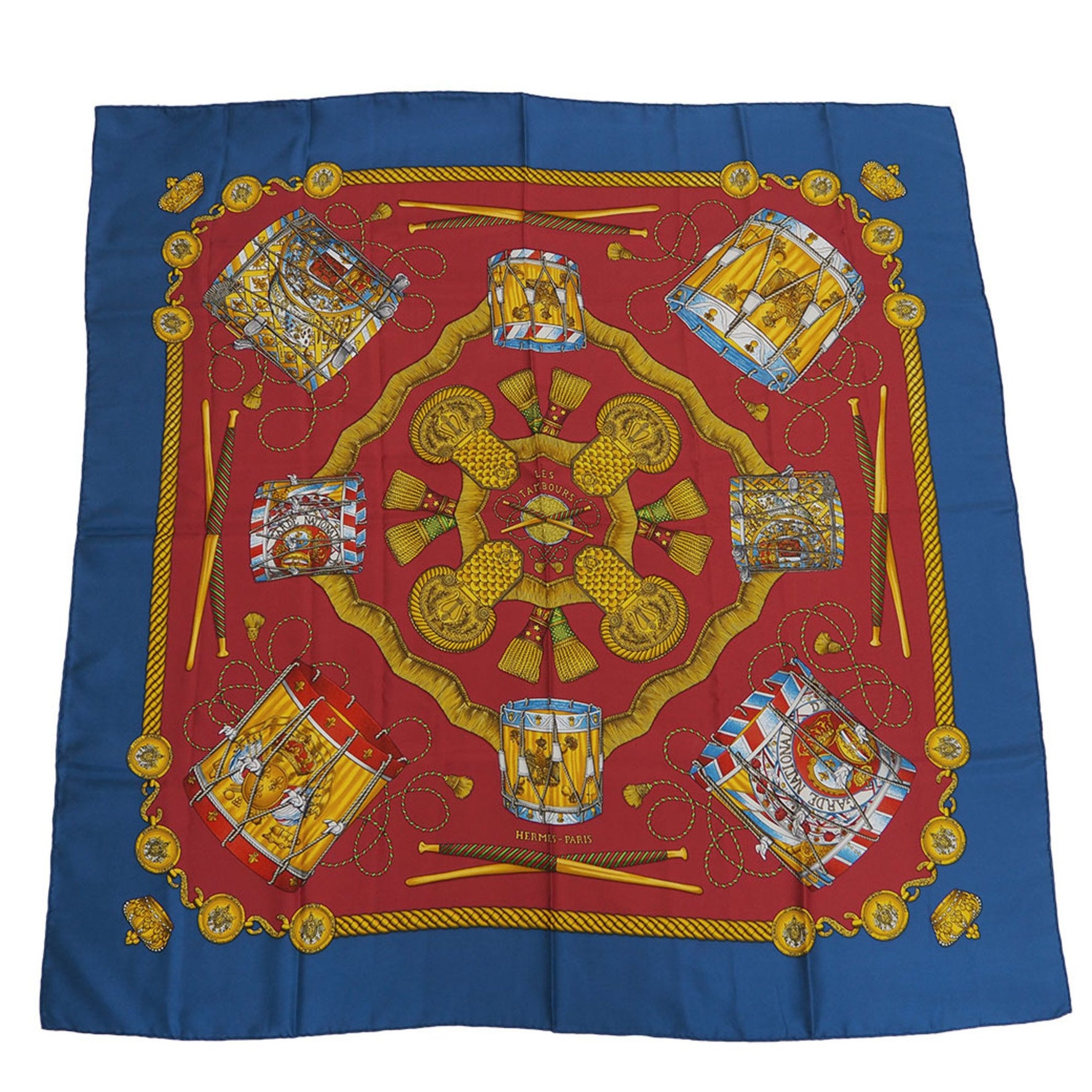 HERMES Carre 90 LES TAMBOURS Tambour Taiko Blue x Red Scarf Muffler