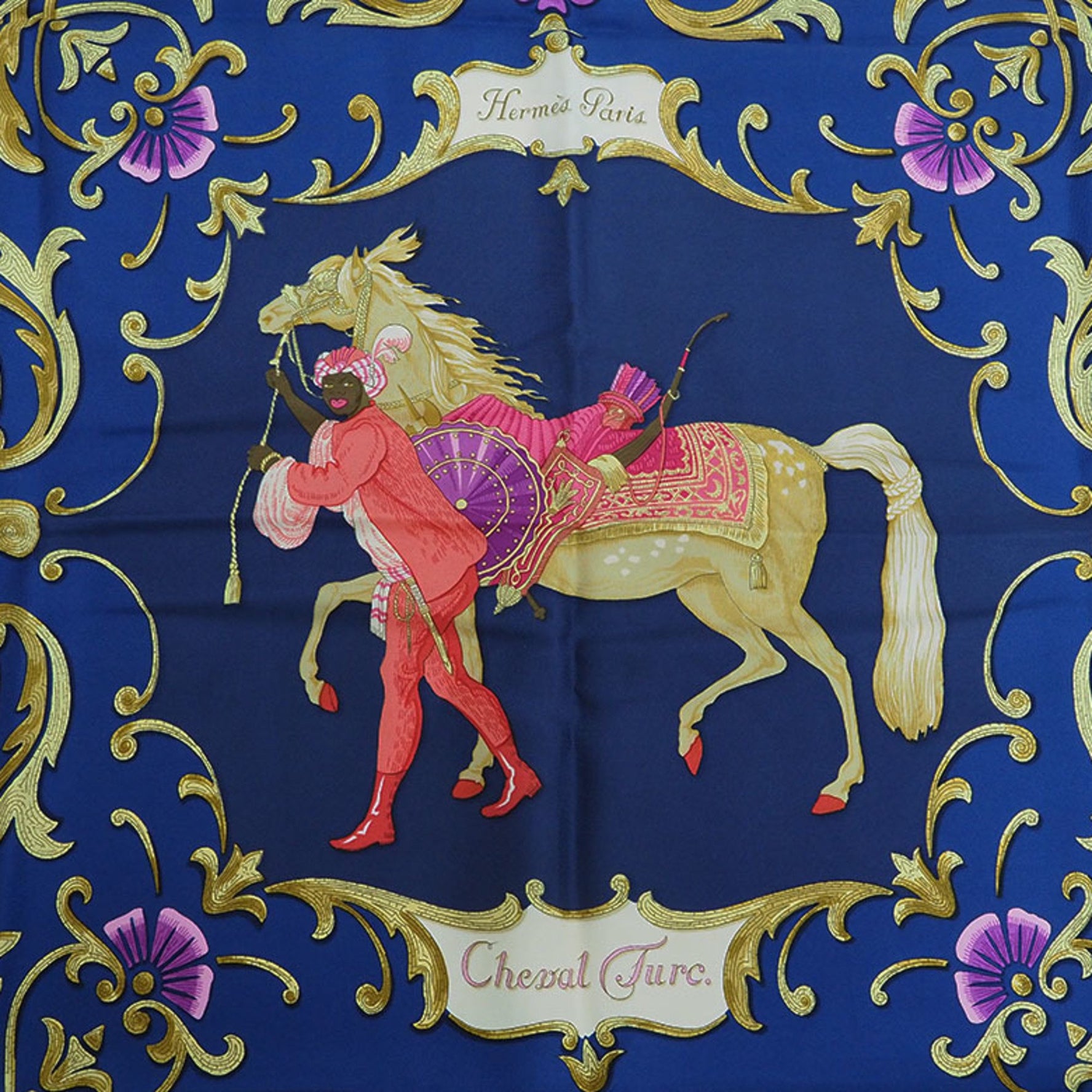 Hermes Carre 90 Scarf Muffler Turkish Horse Cheval Turc Navy x Blue Red Silk