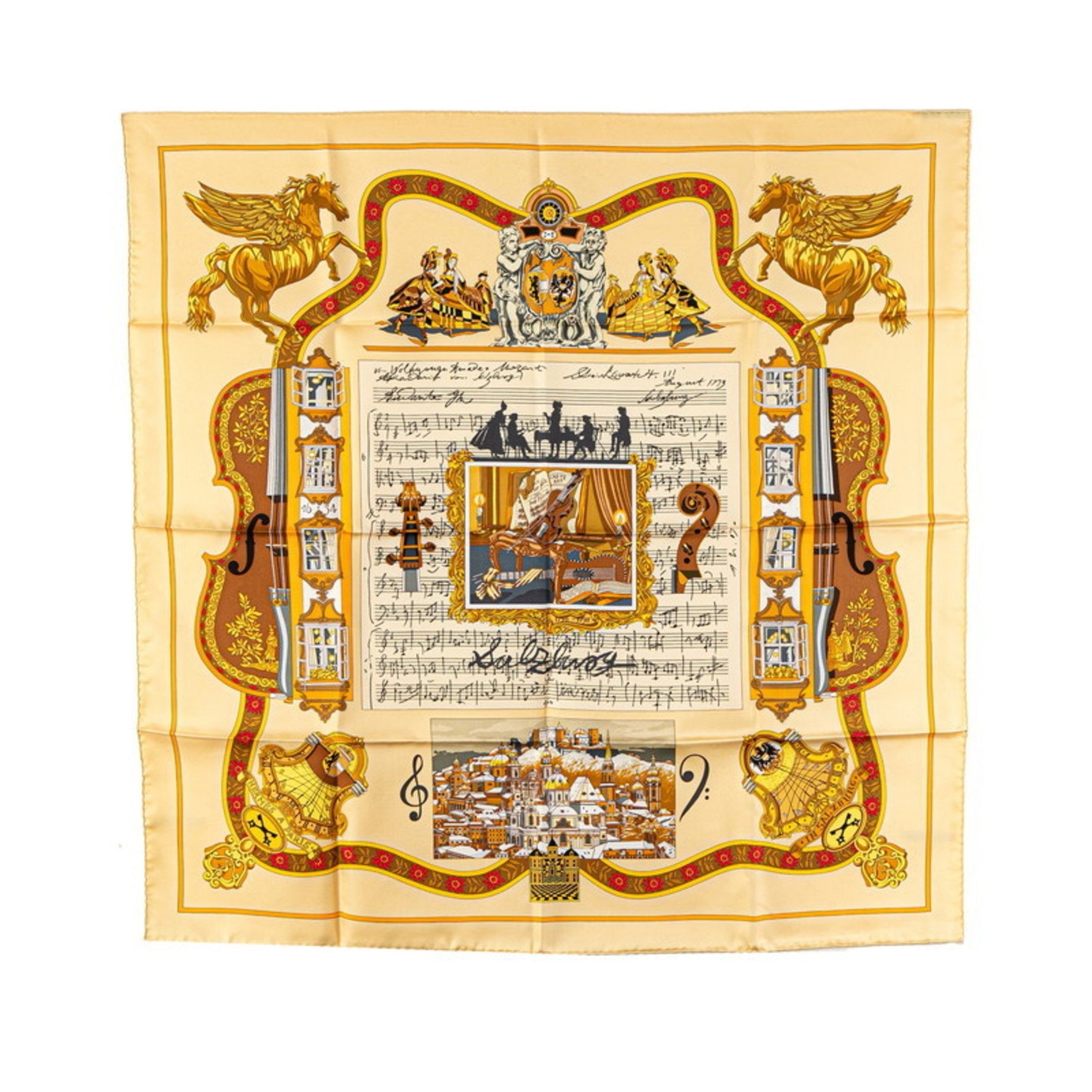 Hermès Carré 90 in Salzburg, Yellow Multicolor Silk Scarf, HERMES