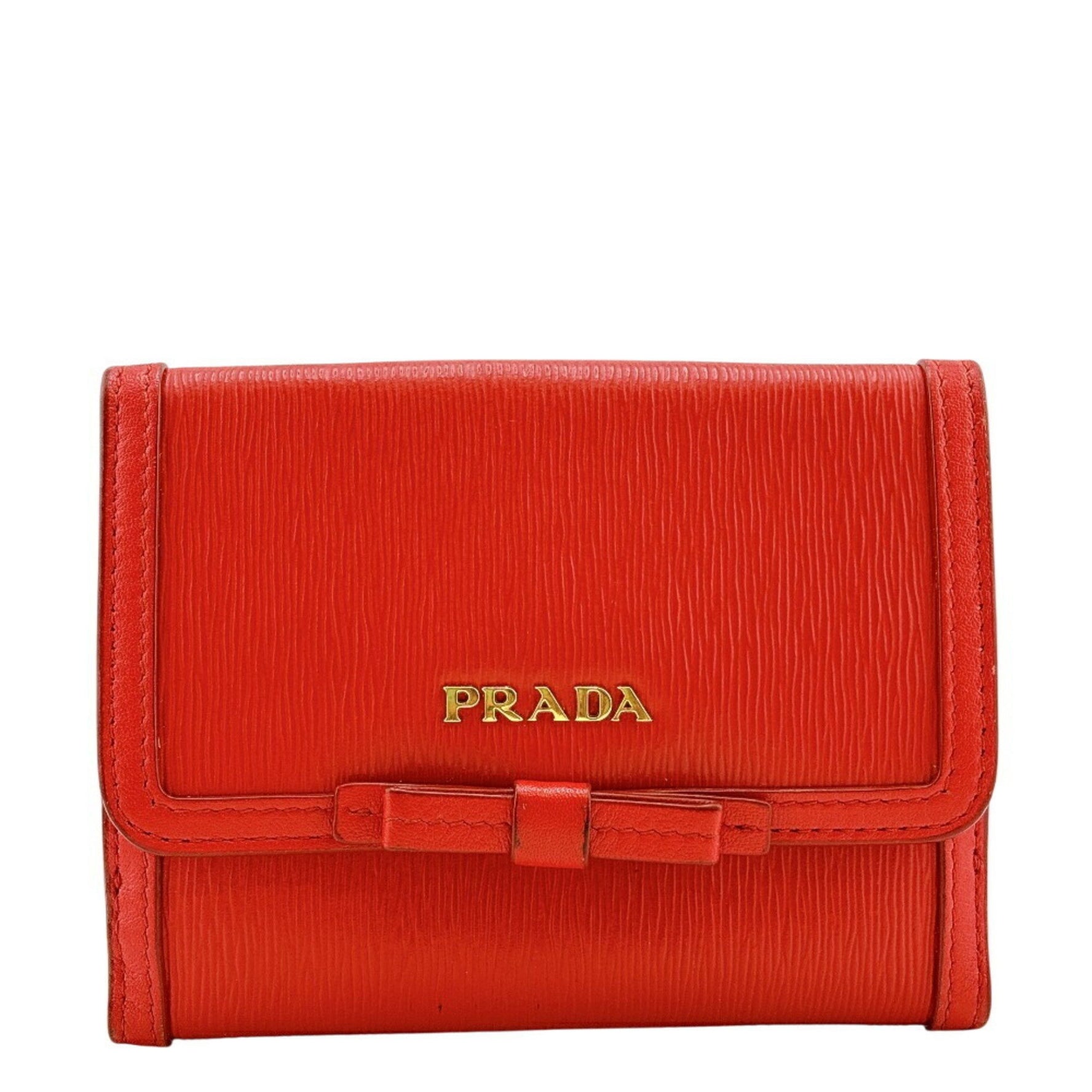 PRADA VITELLO MOVE FI Ribbon W Compact Wallet, Bi-fold Wallet with Coin Purse, Bill and Card Slots, Red