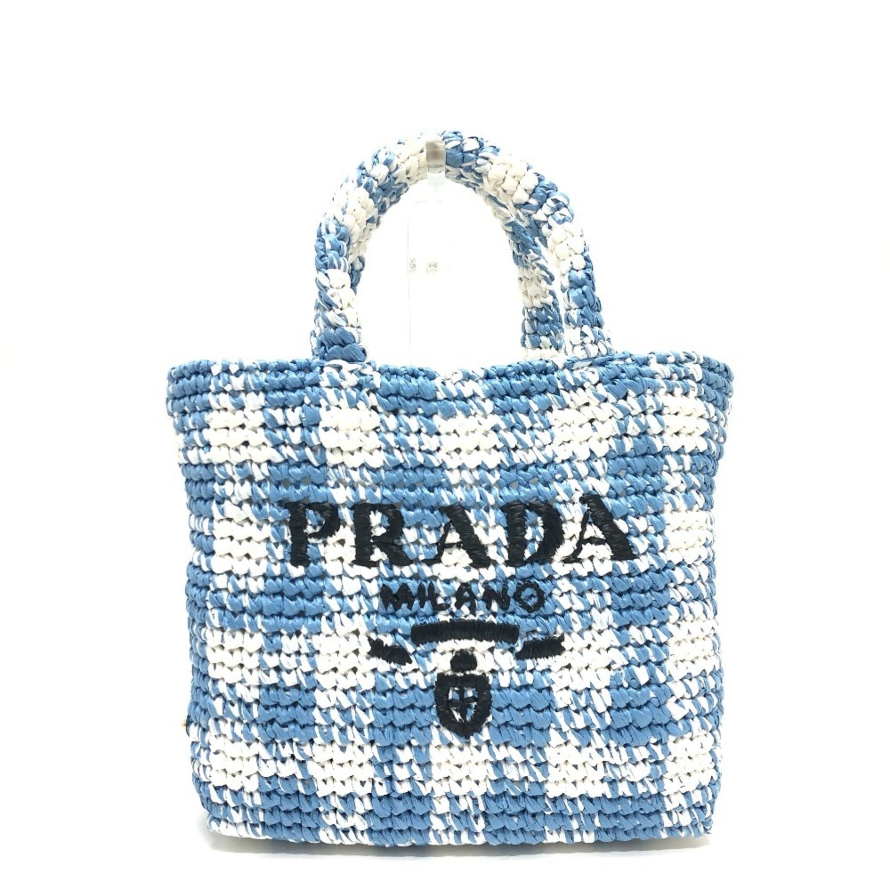 PRADA Small Crochet Basket Tote Bag Handbag Raffia Blue