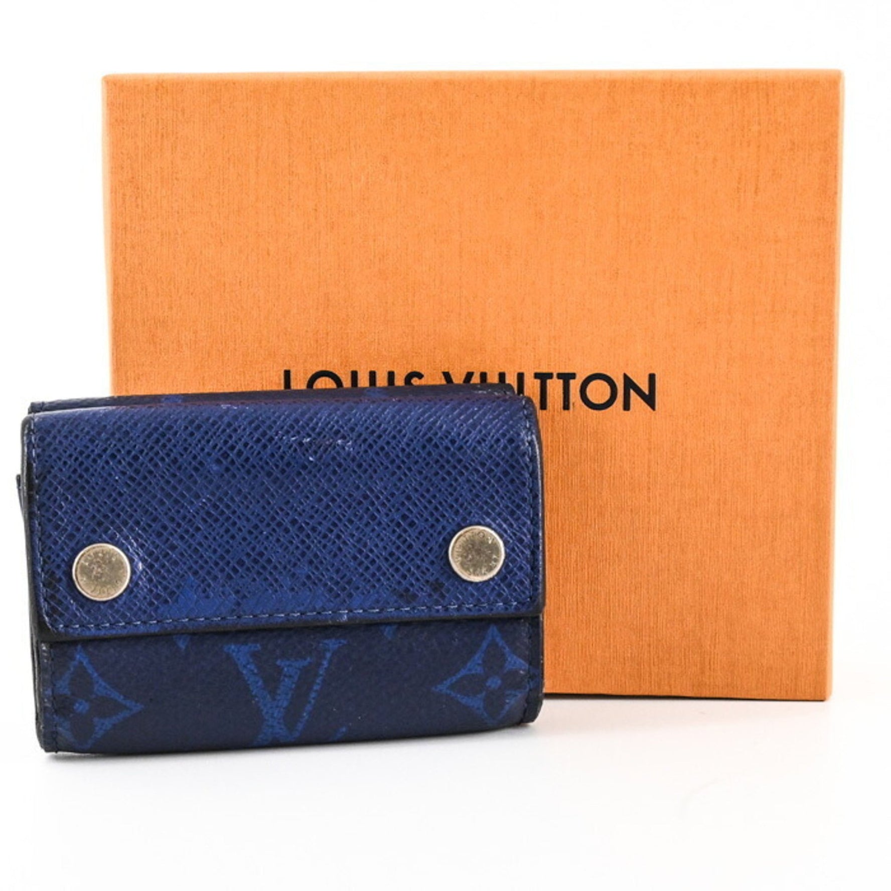 Louis Vuitton Taiga Rama Monogram Discovery Tri-fold Wallet, Compact Mini Cobalt