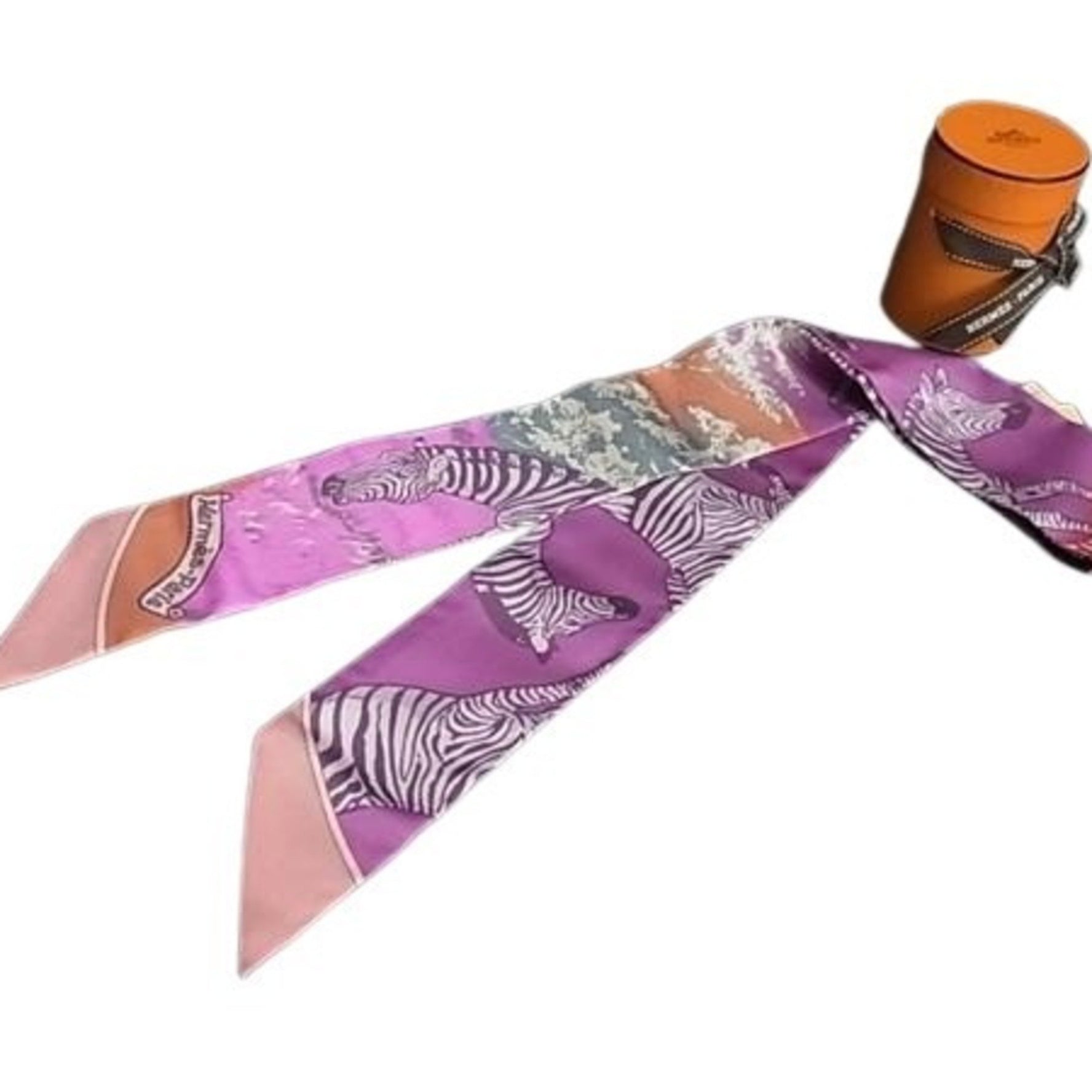 HERMES LES ZEBRES Twilly Scarf/Muffler 07 Purple Multicolor 100% Silk Ribbon Scarf