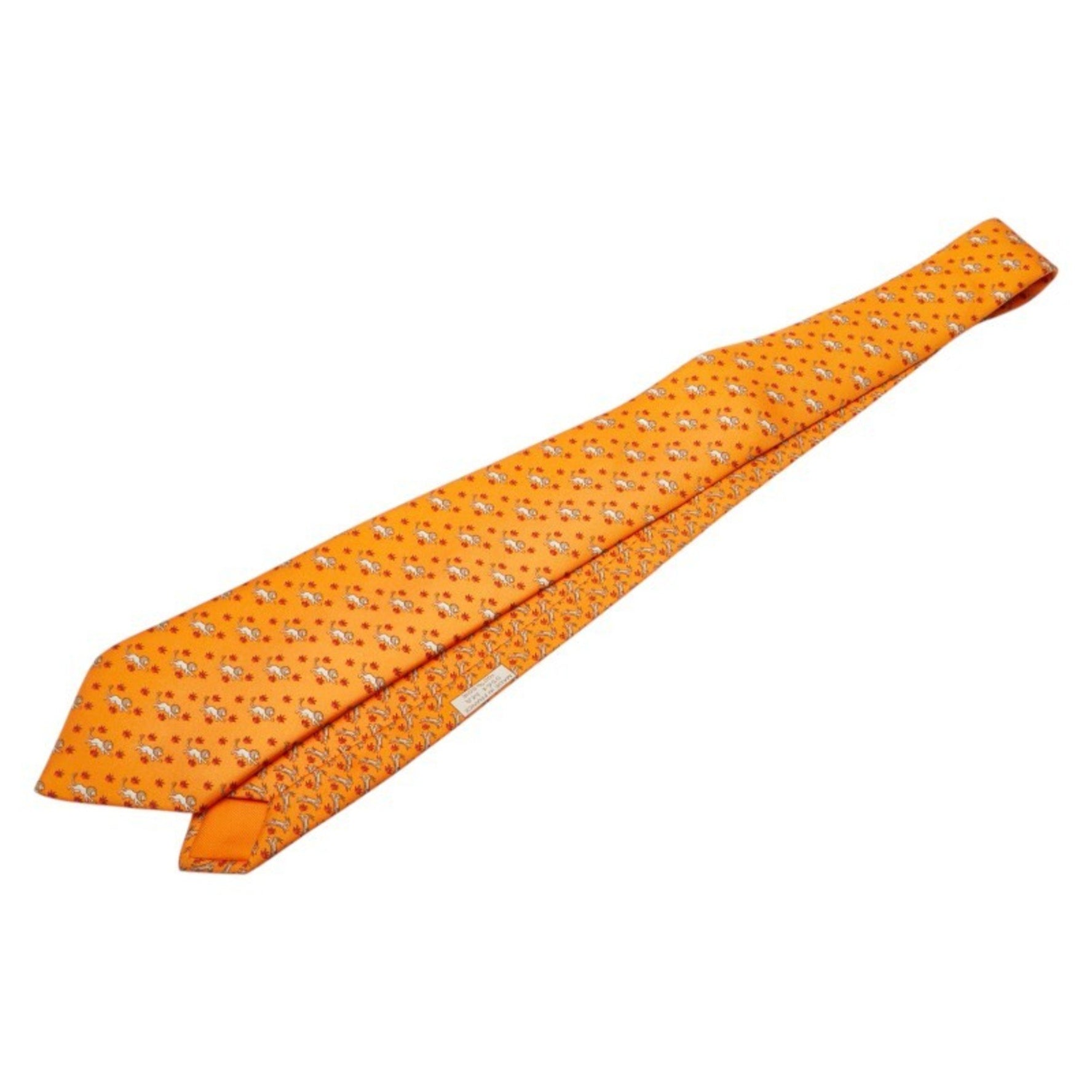 Hermes Lion and Deer Motif Tie Orange Red Beige Silk
