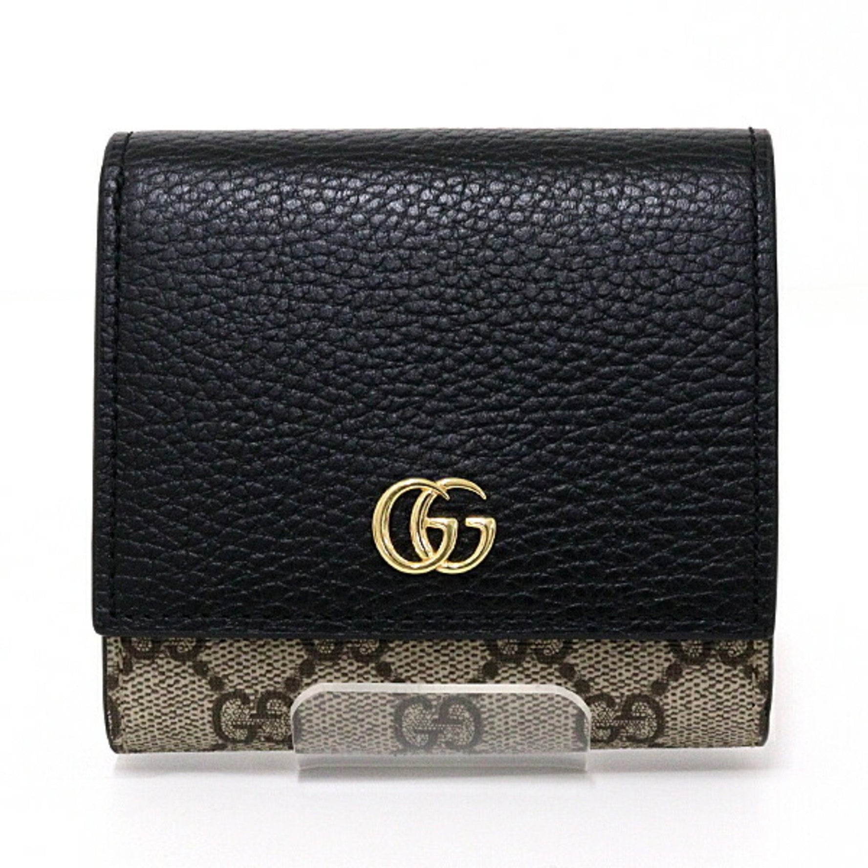 GUCCI Double G Bicolor Medium Wallet GG Supreme Canvas Black Leather Beige & Ebony