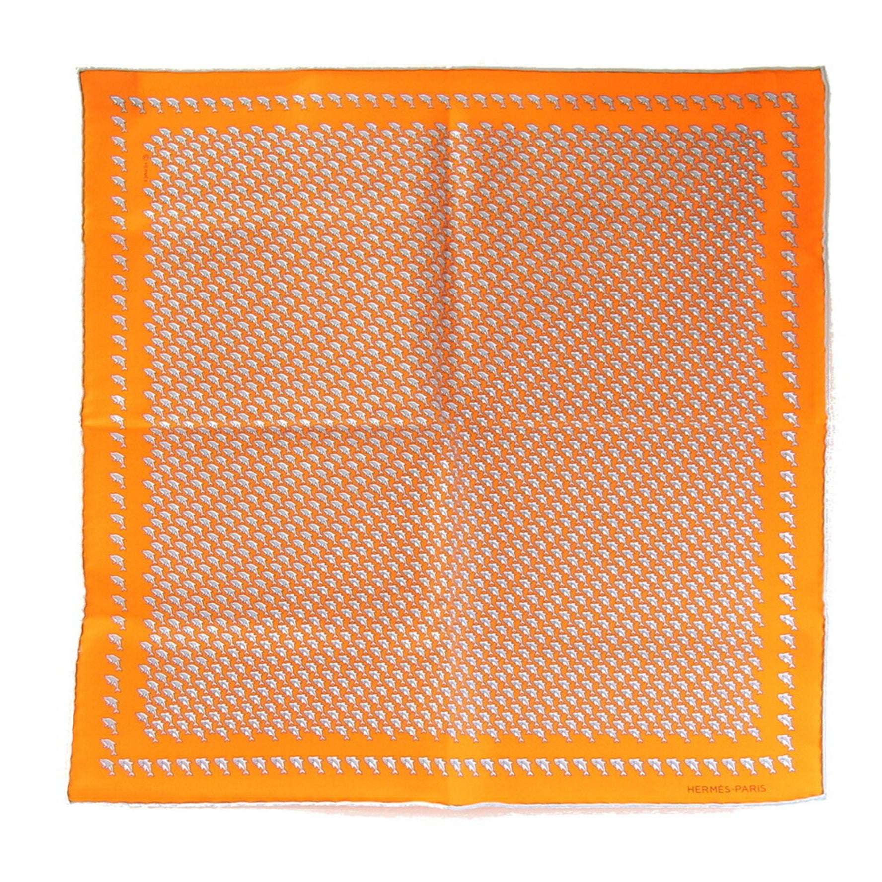 Hermès Scarf/Muffler, Carré 42, Orange/Gray, 100% Silk, Dolphin, Petit Carré, Mini Stole, HERMES