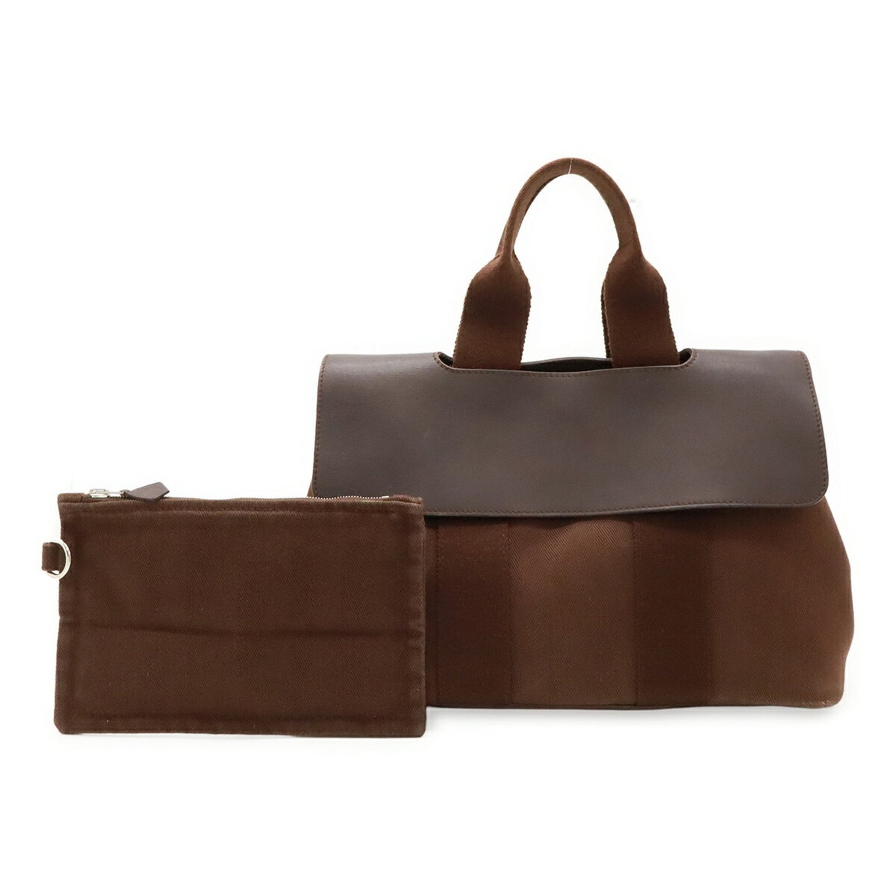 HERMES Valparaiso PM handbag/tote bag in toile chevron leather brown.