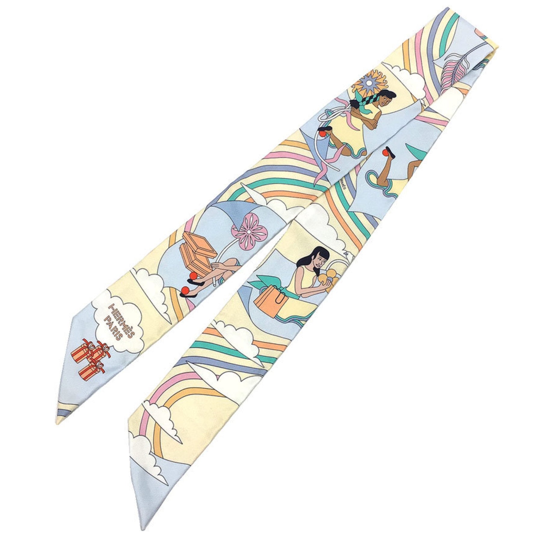 HERMES Twilly Scarf Muffler CARRES VOLANTS Flying Carre 2022 Jaune Souffle/Ciel/Vert Jade Silk