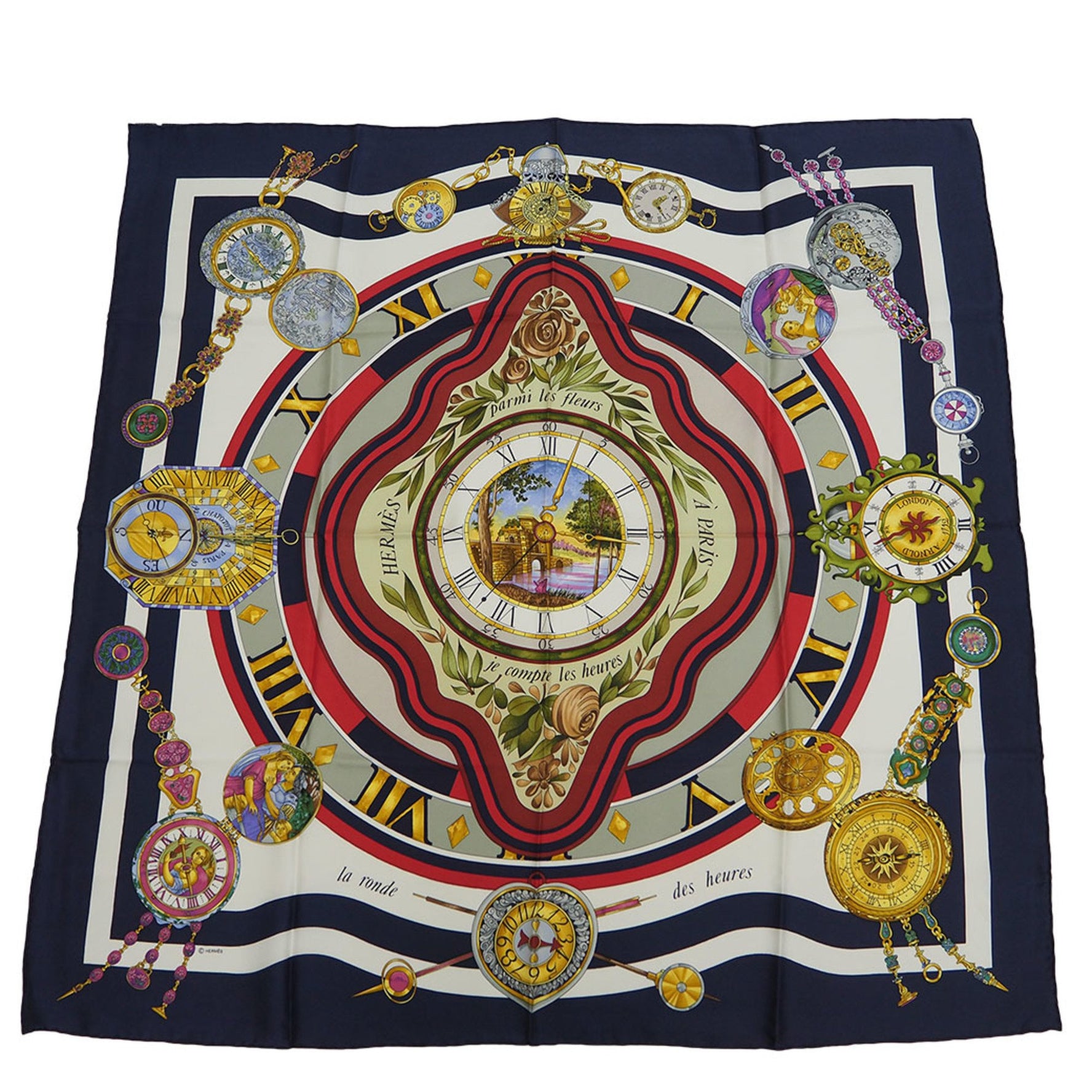 HERMES Carre 90 parmi les fleurs je compt time spent in the flowers navy scarf muffler