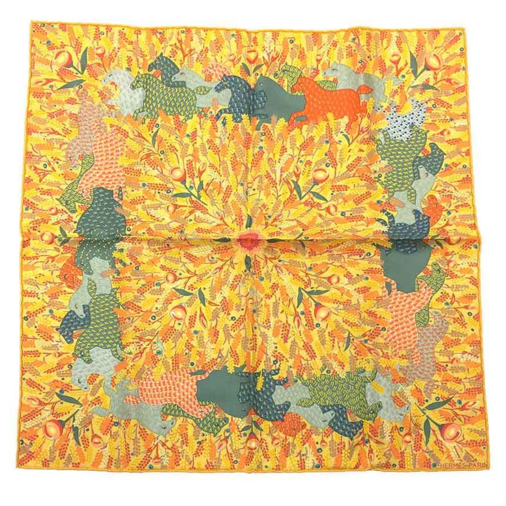 HERMES Carré 45 Petite Scarf Horse Wheat Field 100% Silk Orange Yellow Pocket Square