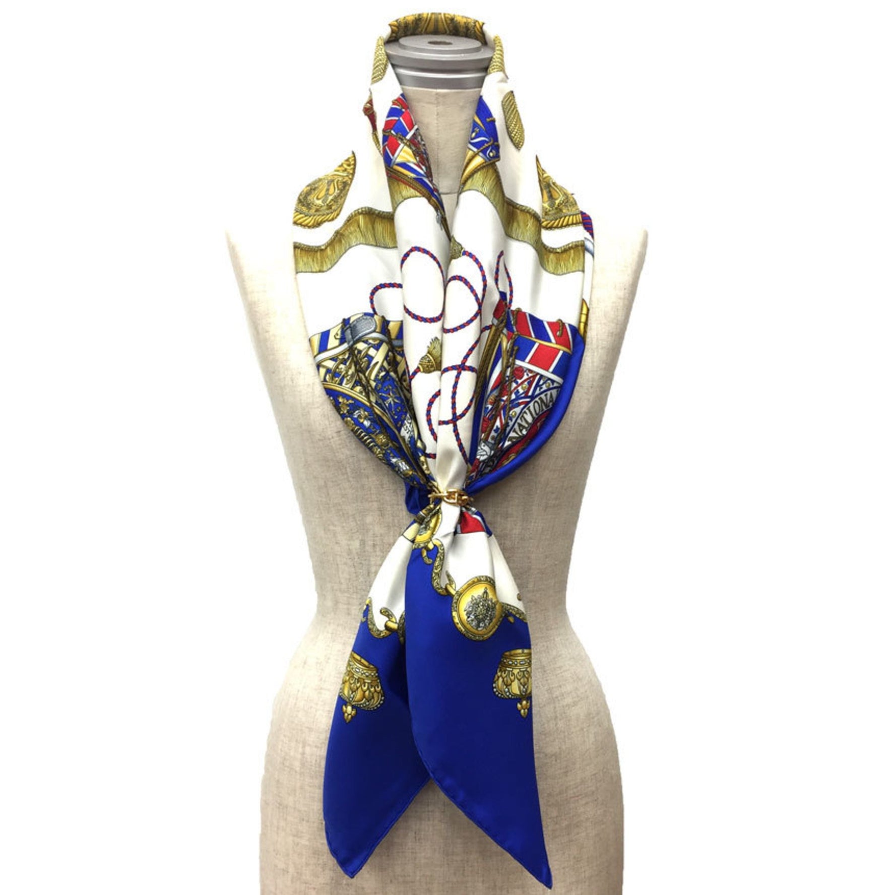 HERMES Carré 90 LES TAMBOURS Tambour drums Blue x white 100% silk scarf muffler