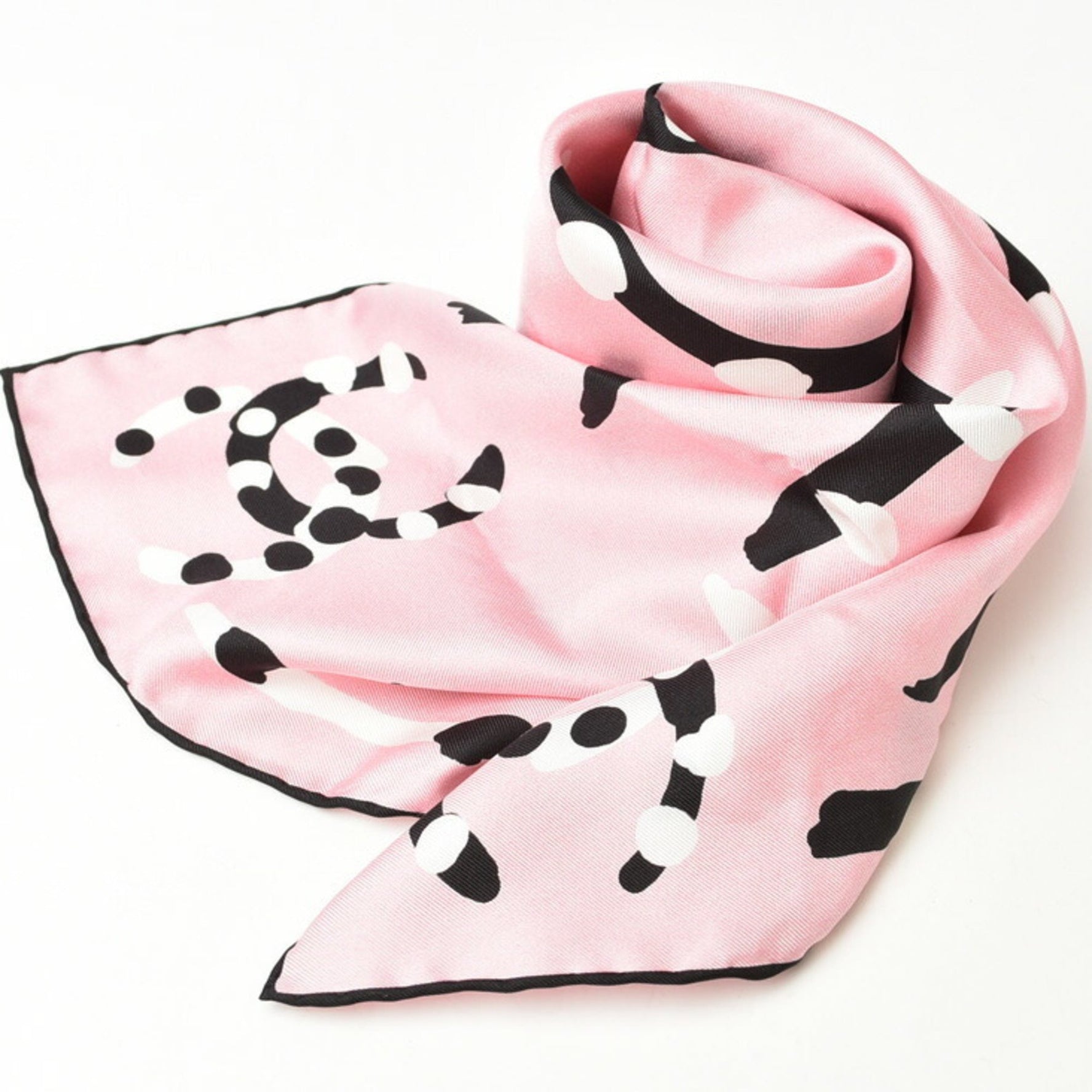 Chanel scarf handkerchief Coco mark pink black white silk