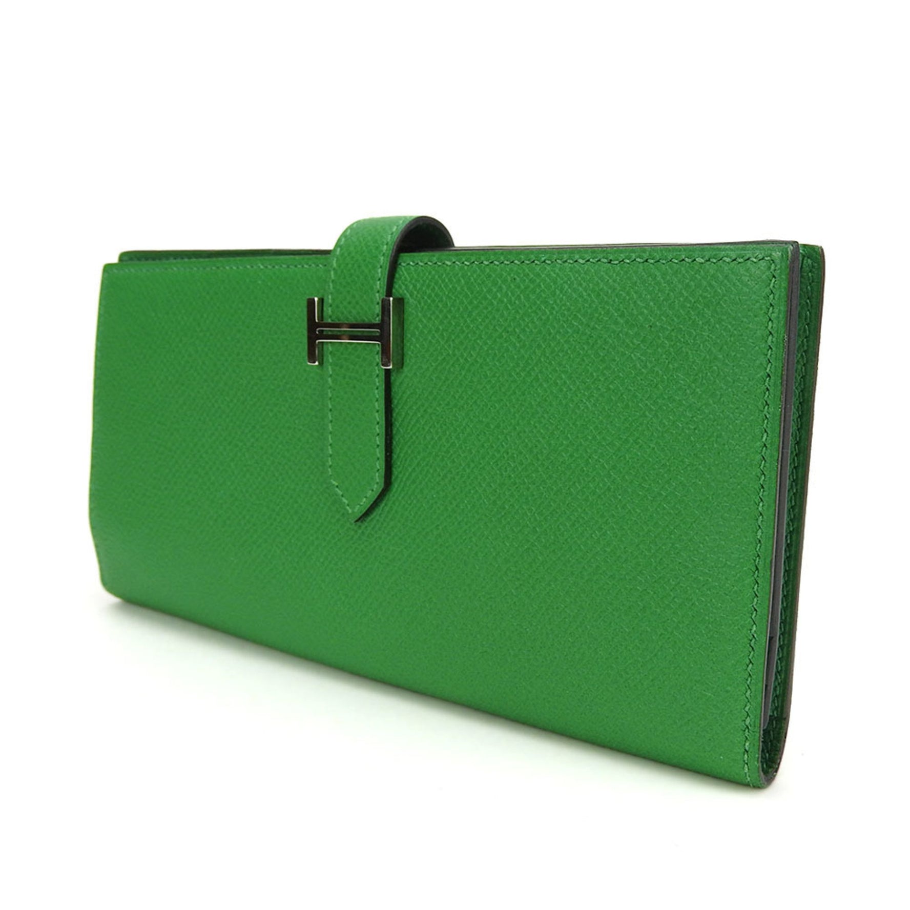 Hermes Long Wallet Bearn Soufflet Veau Epsom Bamboo Green Bi-fold Men's