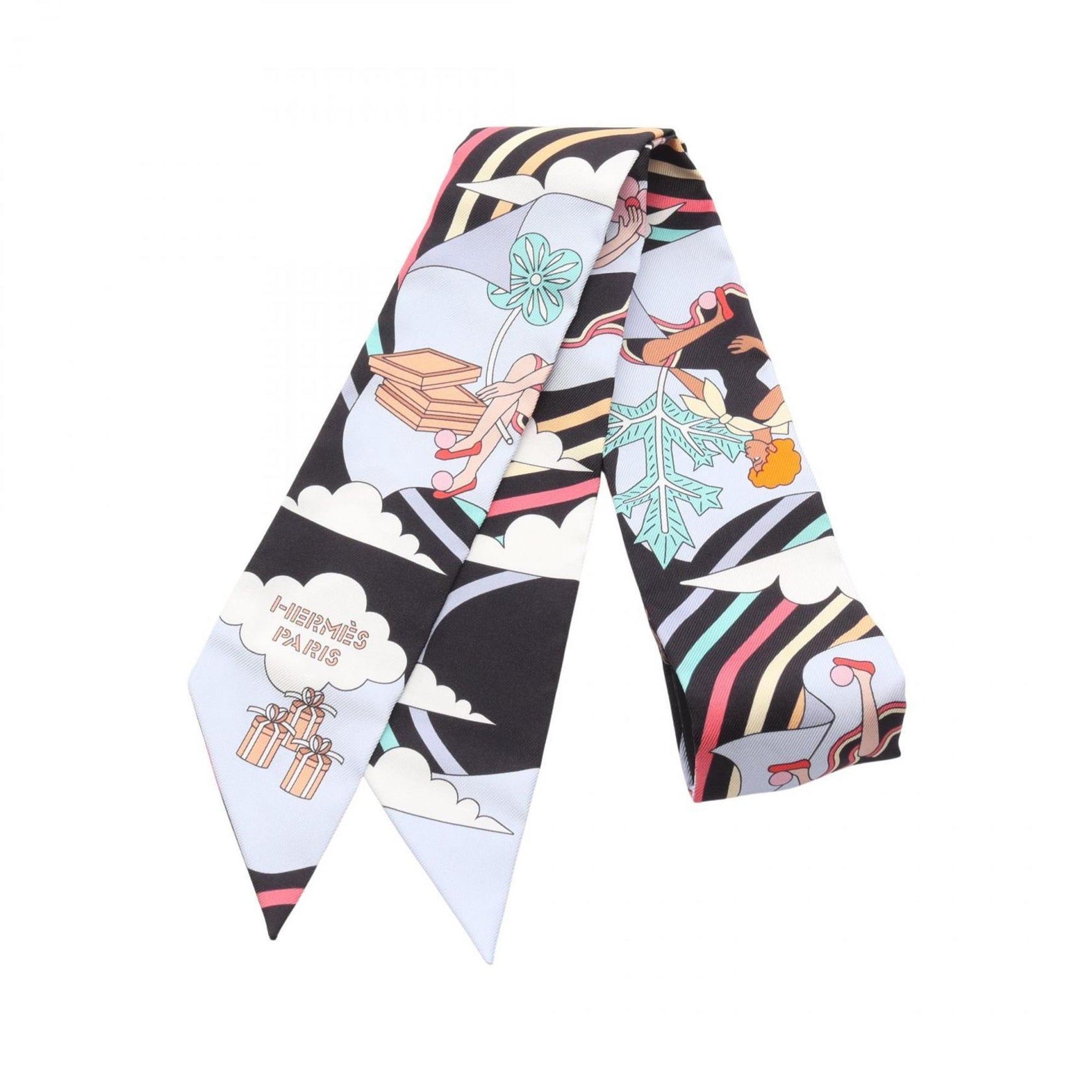 Hermes Hermès Twilly CARRES VOLANTS Silk Scarf in Black, Blue, and Multicolor