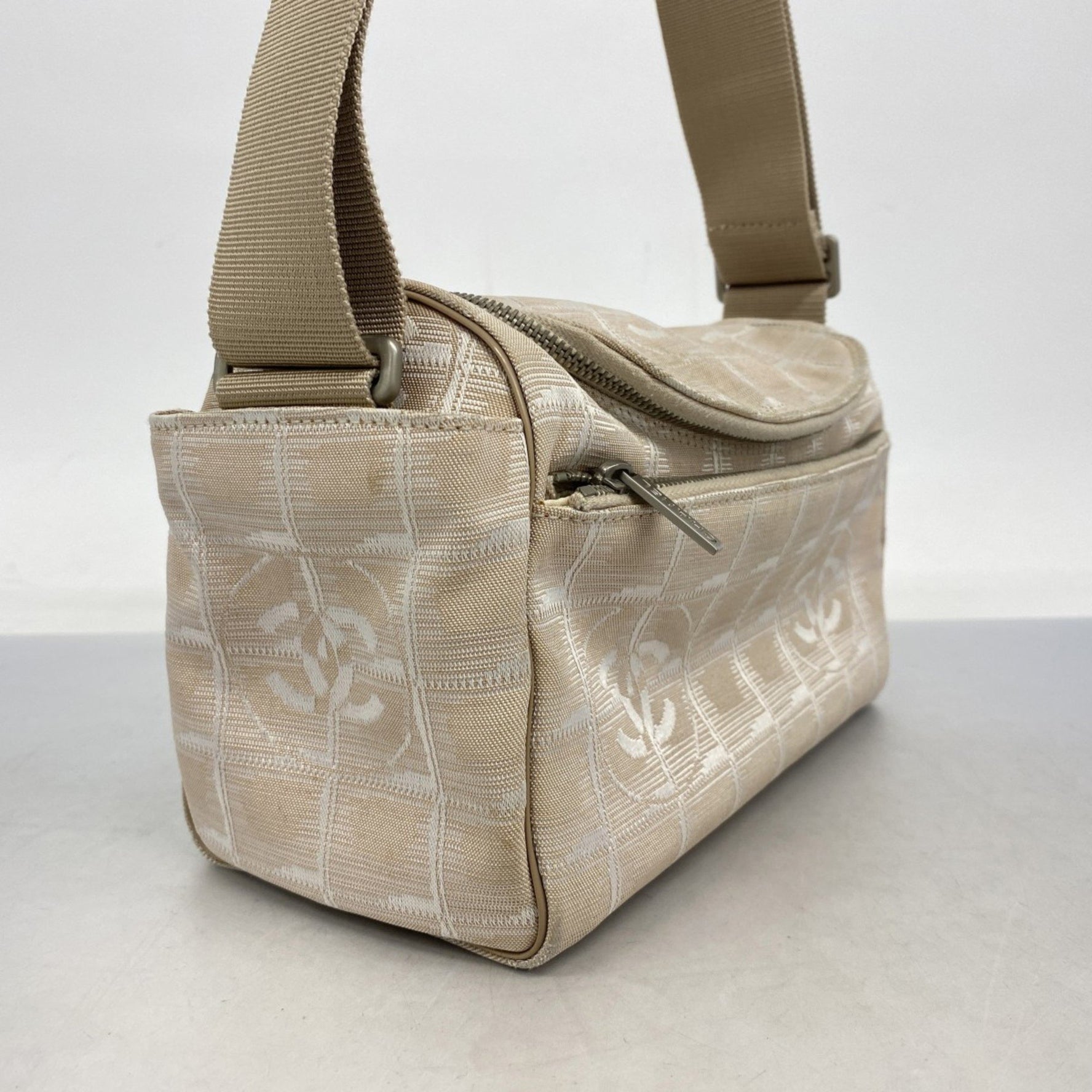 Chanel New Travel Shoulder Bag, Nylon, Beige, Silver