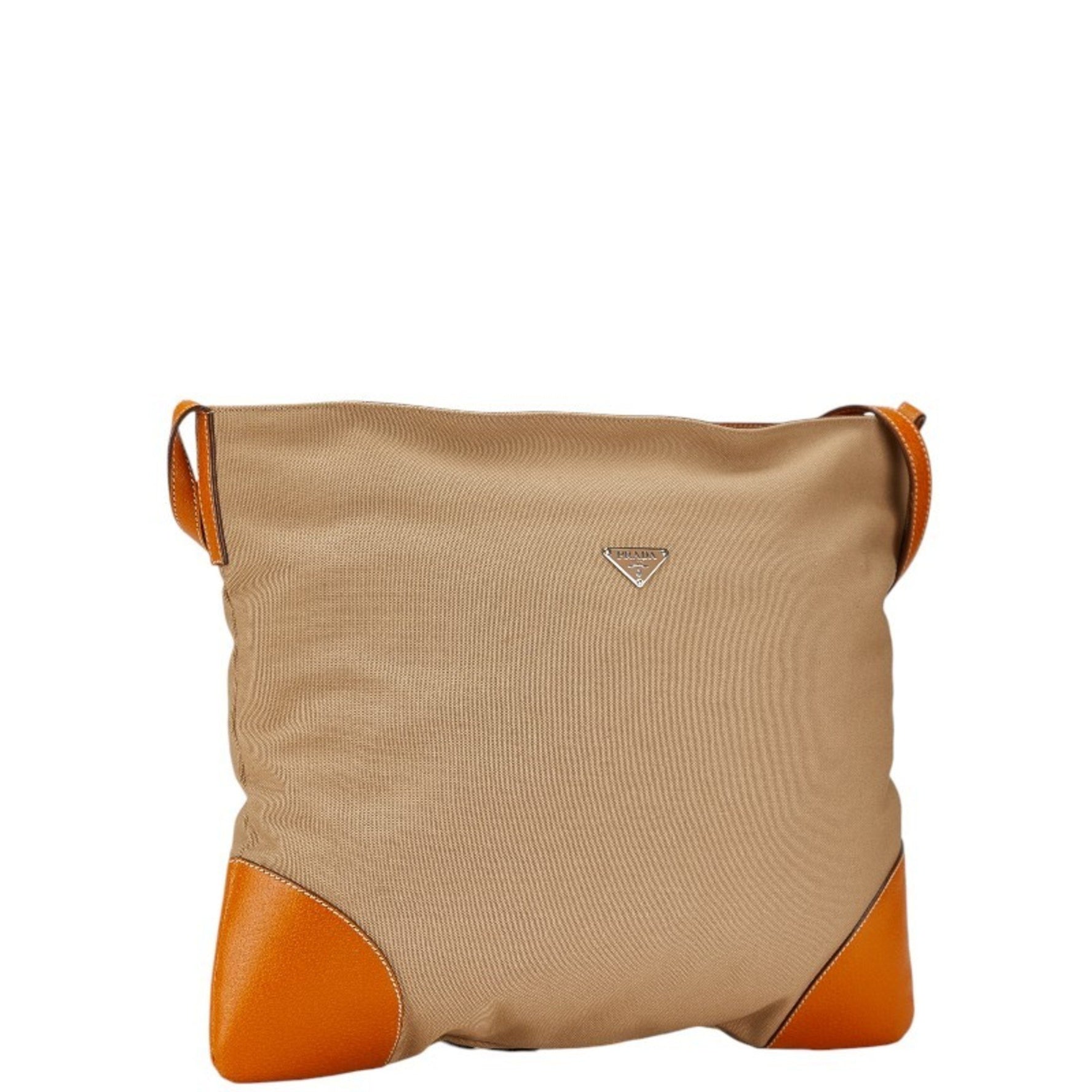Prada Triangle Plate Shoulder Bag Beige Brown Canvas Leather