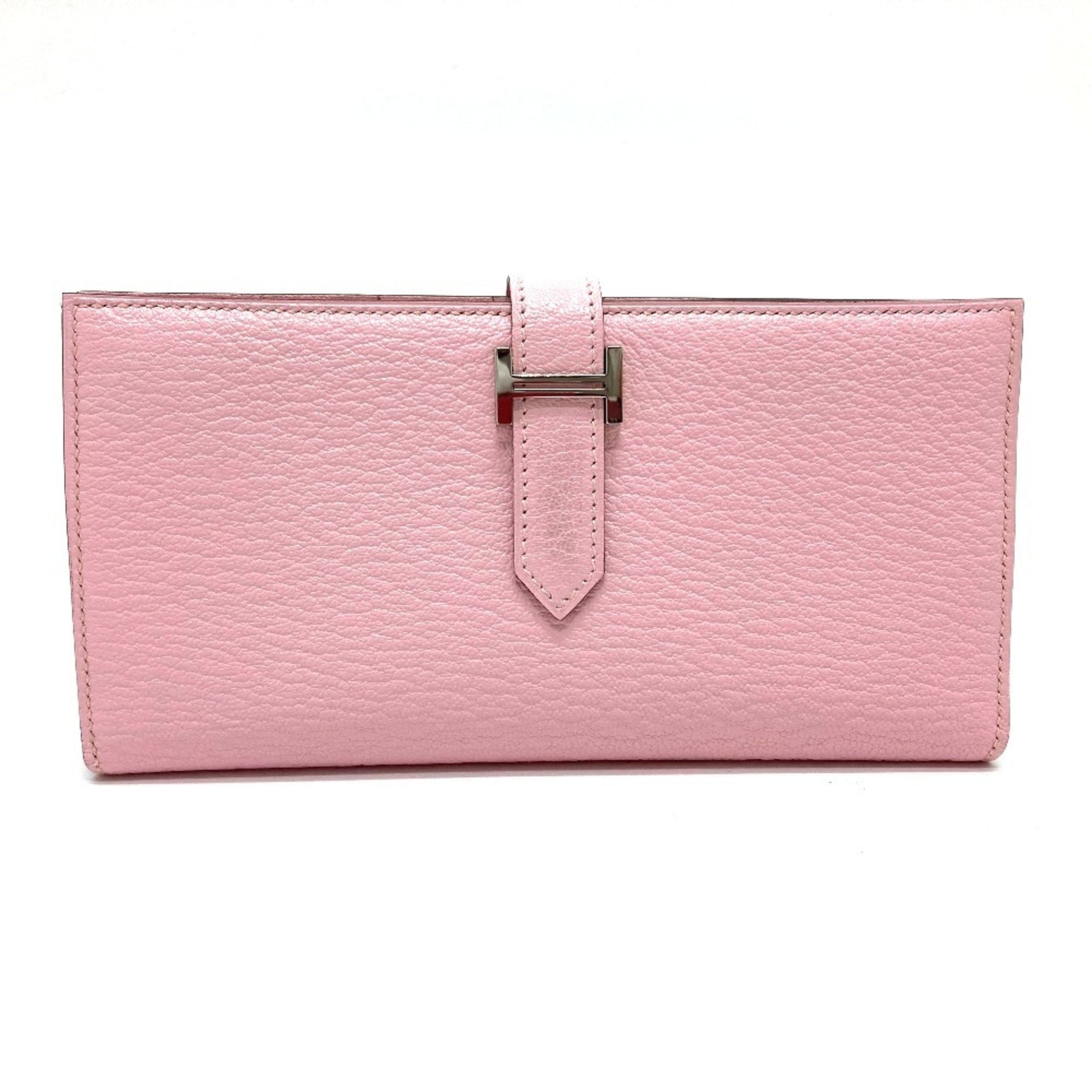 HERMES Bearn Soufflet Long Wallet with H Hardware, Chevre Mysore, Rose Sakura