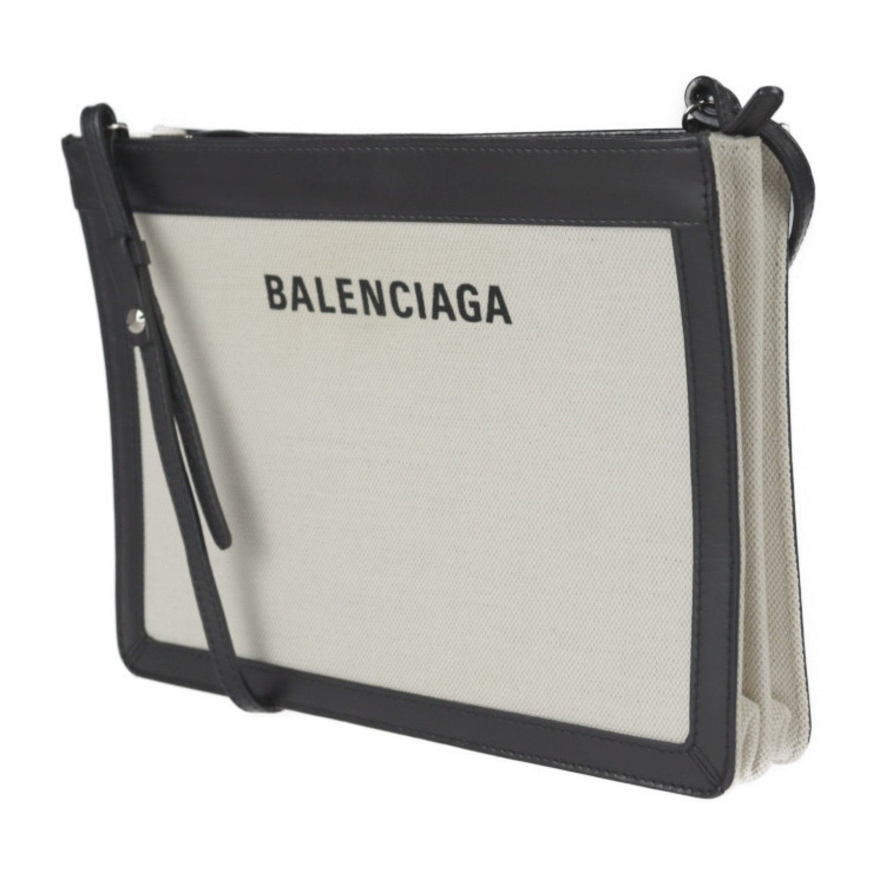 BALENCIAGA navy pochette shoulder bag canvas leather natural second