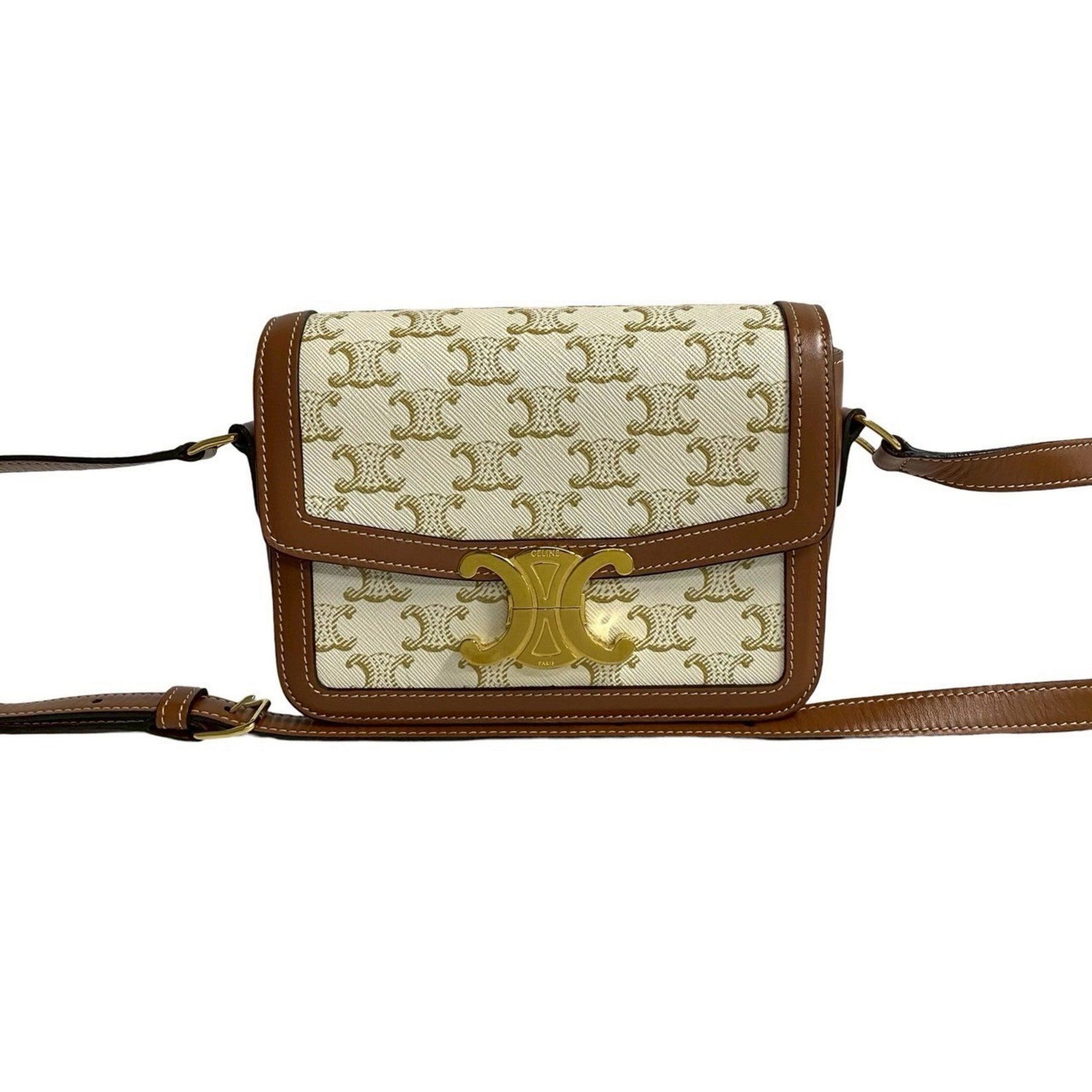 CELINE Teen Triomphe Logo Hardware Leather Shoulder Bag Pochette Brown Ivory