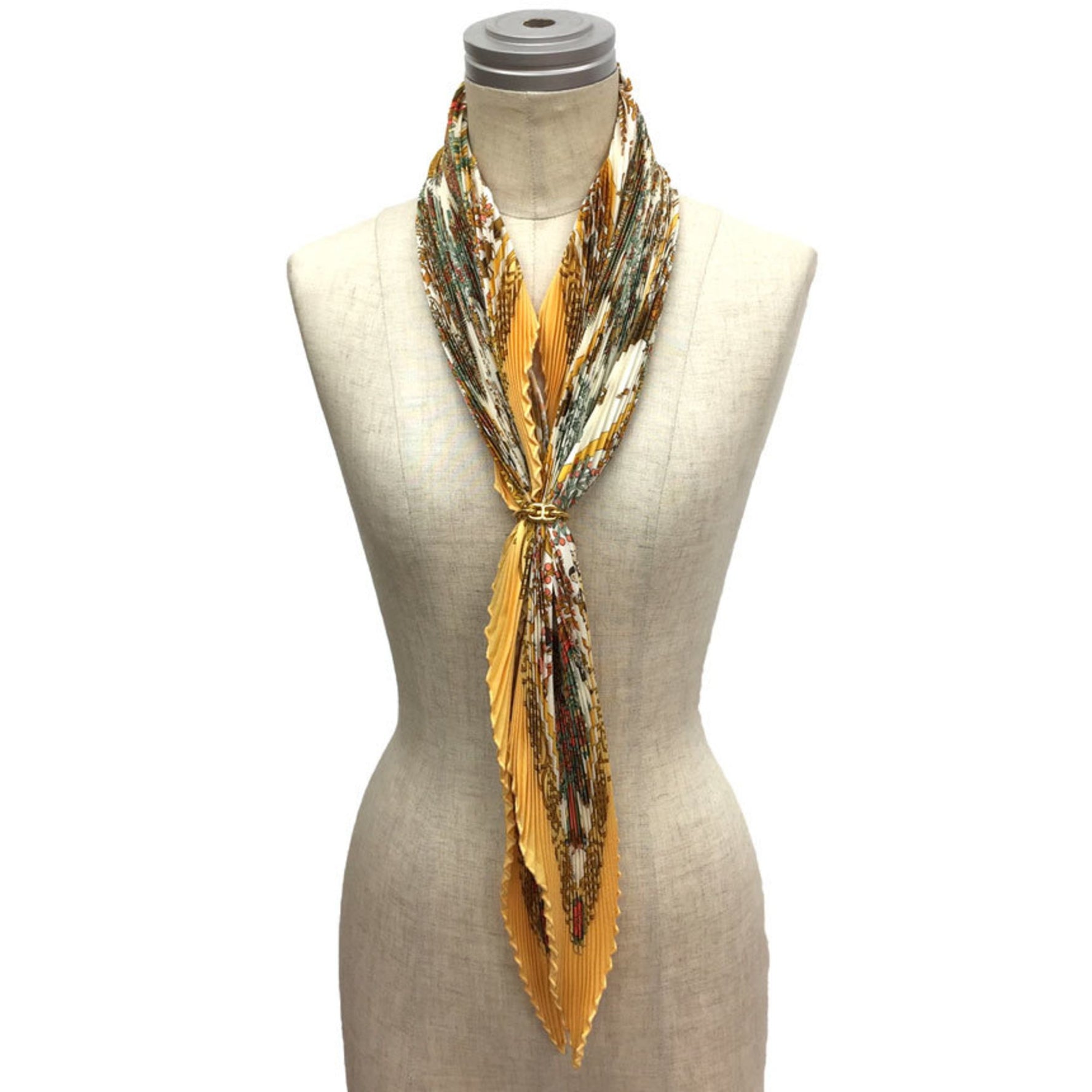 HERMES Pleated Scarf Carré 90 Decoupages by Anne Rosat 100% Silk Yellow/Multicolor