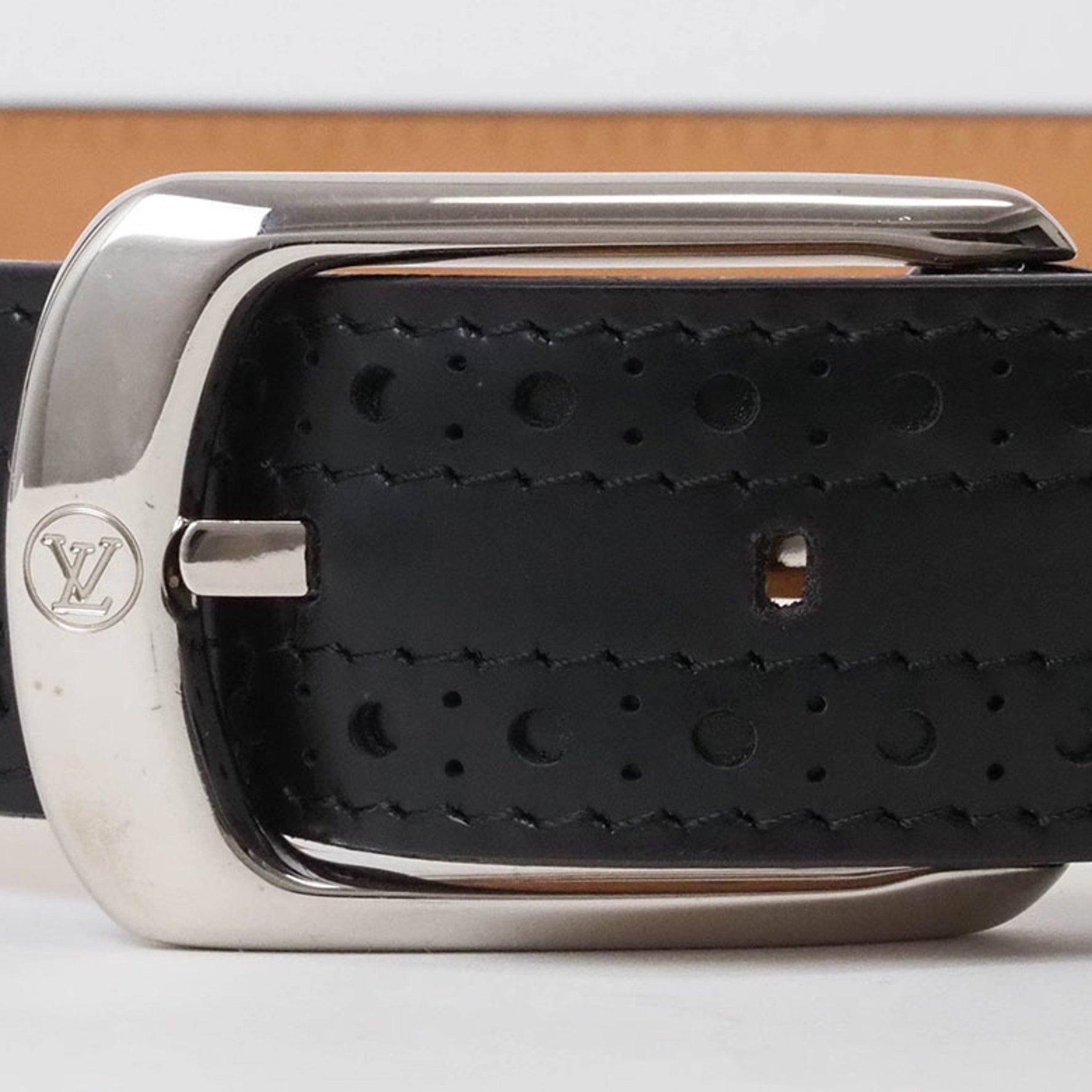 Louis Vuitton Belt Santur Leather Openwork Silver Buckle