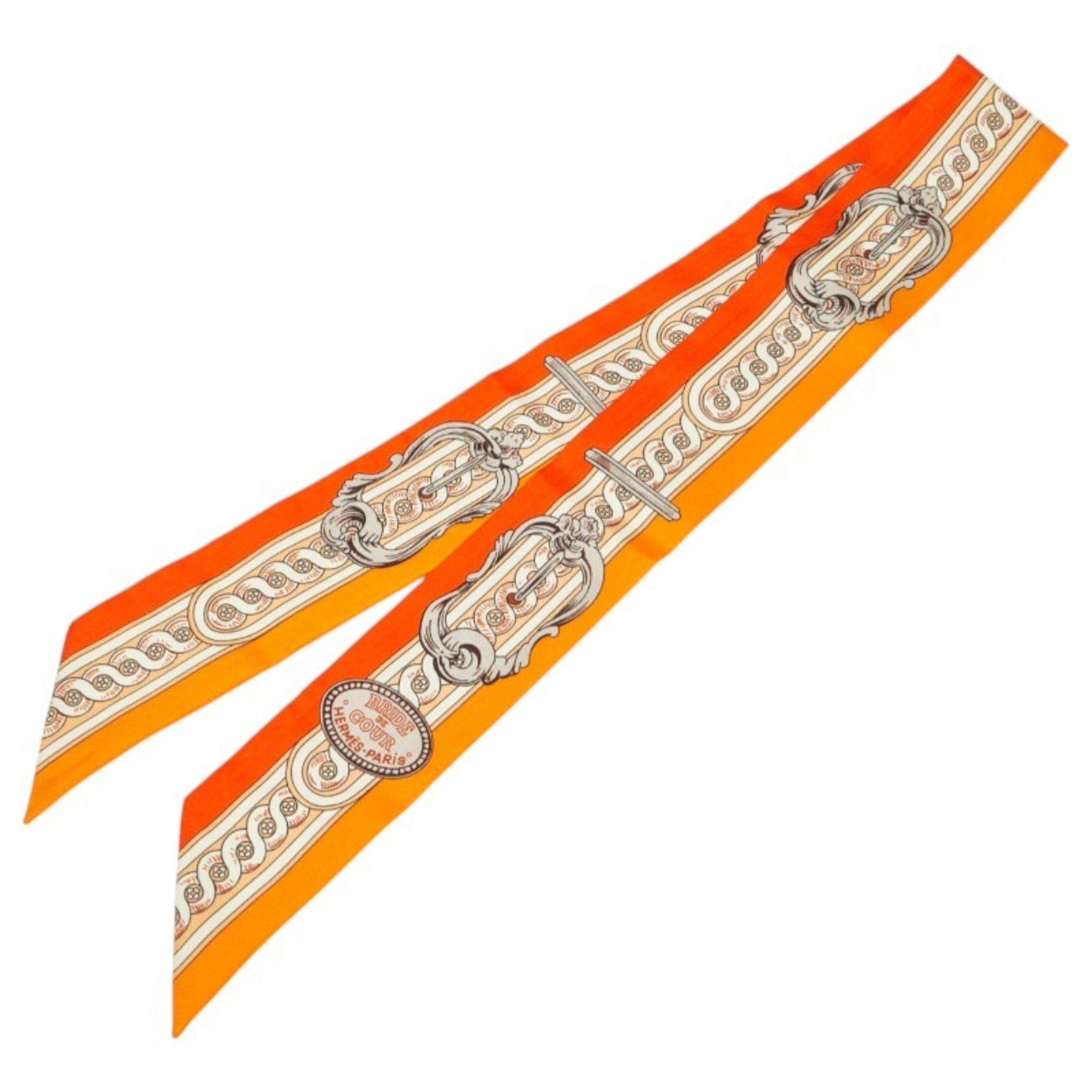 Hermès Twilly BRIDE DE COUR (Brief of the Court) Scarf, Orange, Beige, Multicolor, Silk, HERMES