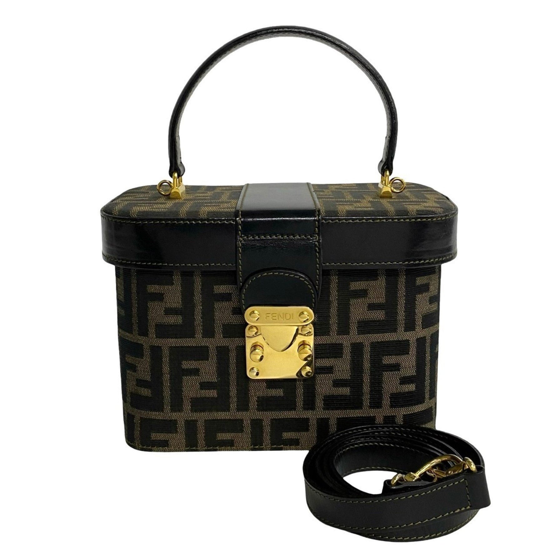 FENDI Zucca FF pattern logo hardware leather canvas handbag shoulder bag vanity brown