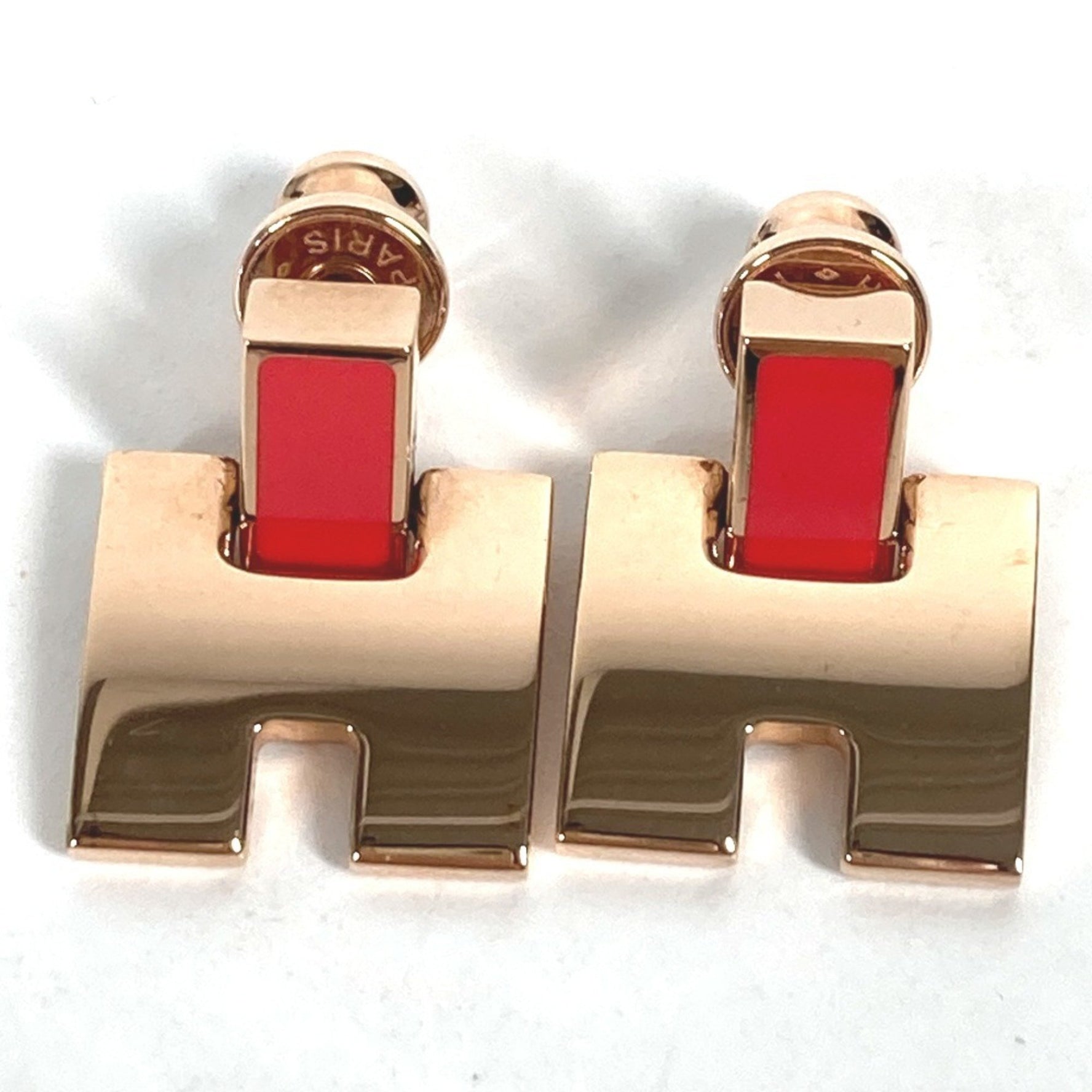 HERMES Irene H Logo Earrings, Metal, Pink