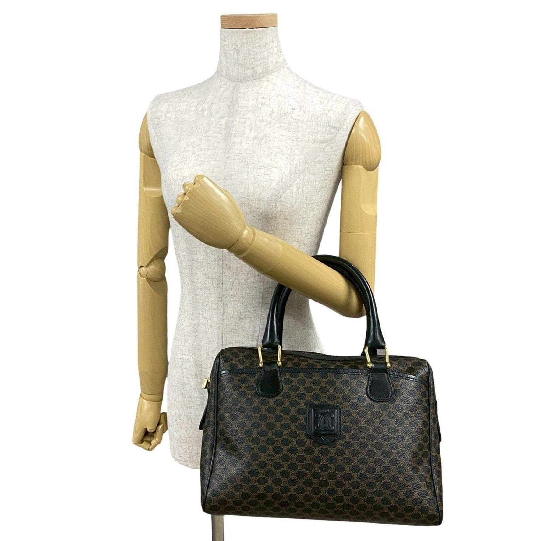 CELINE Macadam Blason Triomphe Leather Handbag/Mini Boston Bag (Black/Brown)