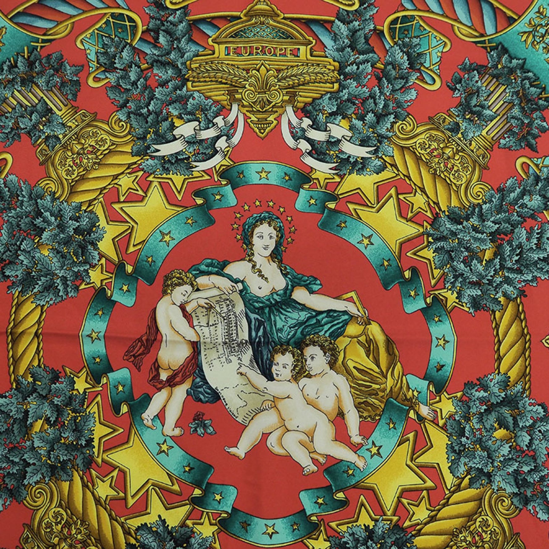 HERMES Carre 90 EUROPE European Goddess Children Red x Green Scarf Muffler Rectangle