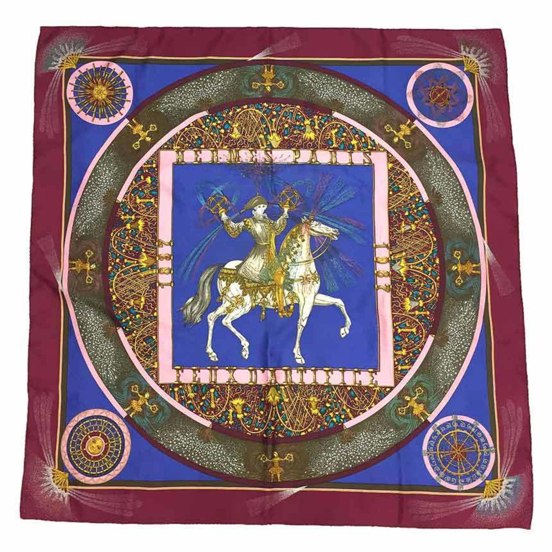 HERMES Carre 90 Scarf Muffler FEUX D'ARTIFICE Fireworks Bordeaux x Blue Anniversary 1987 Napoleon 100% Silk