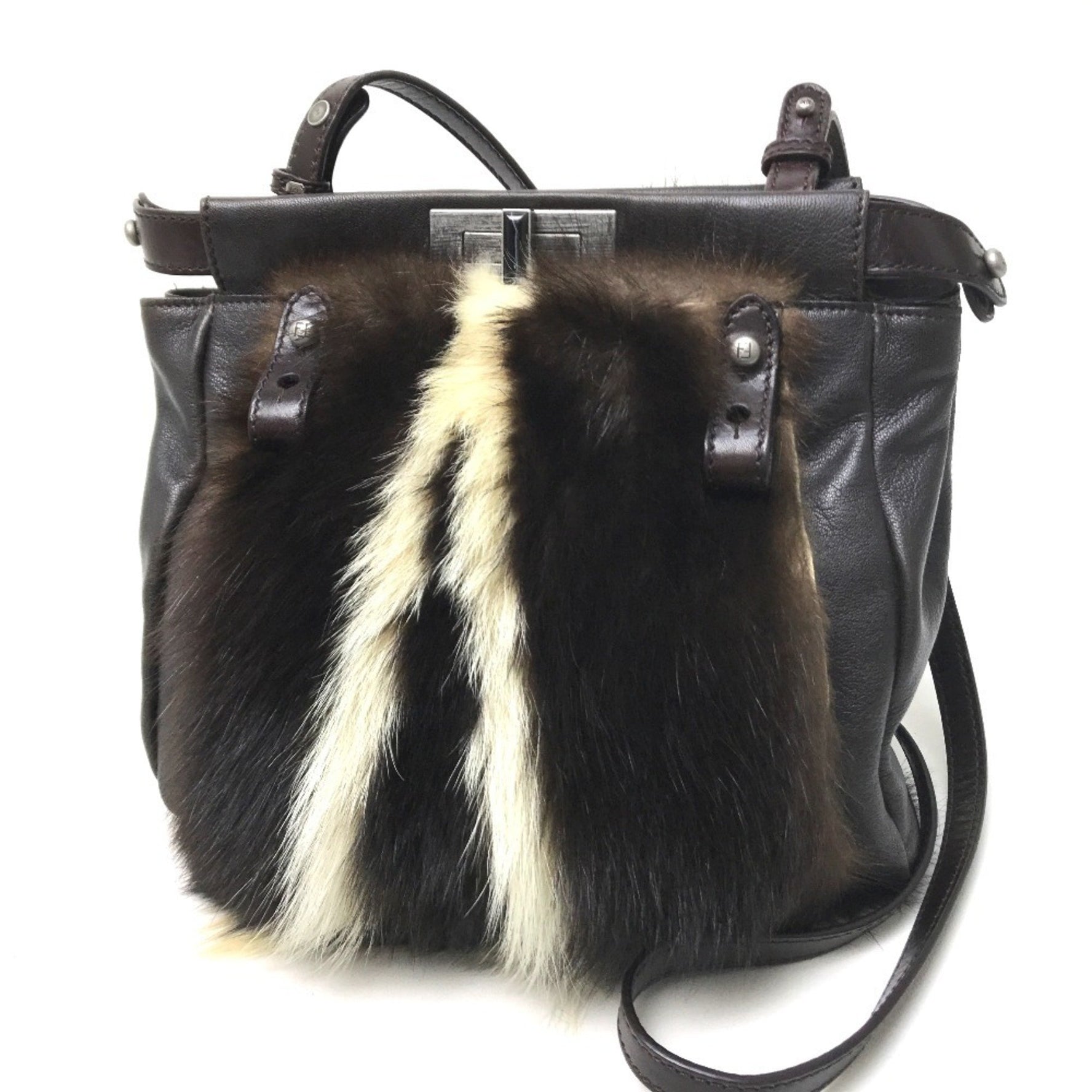 FENDI Fur Bag Peekaboo Shoulder Dark Brown
