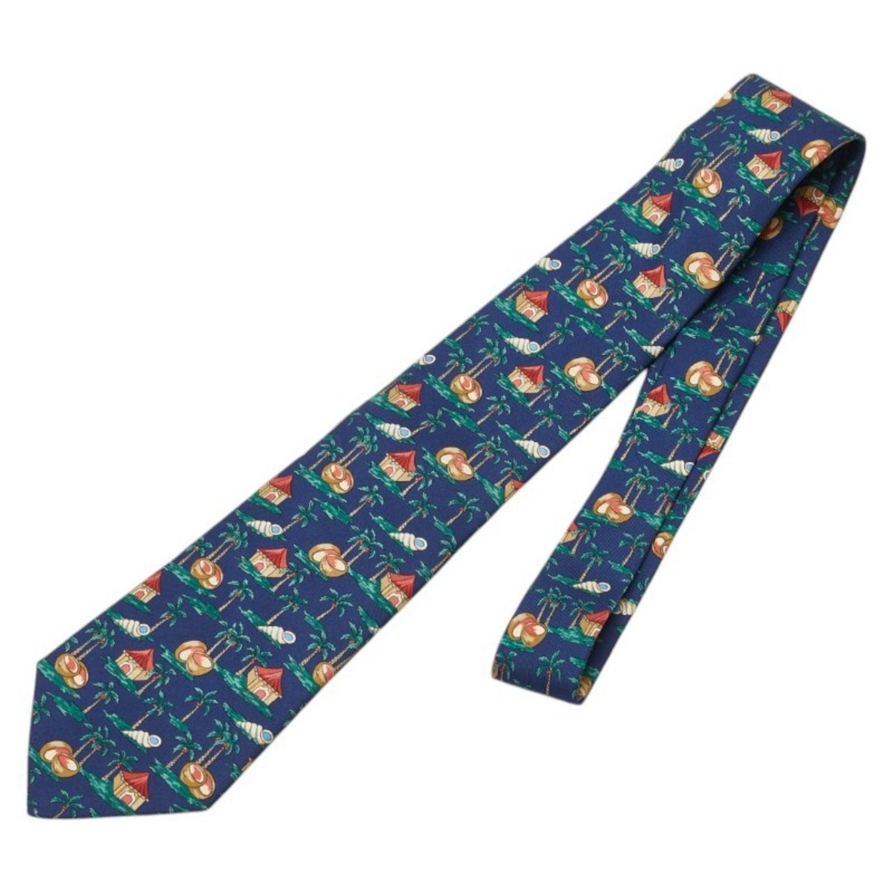 Hermes Palm Tree Coconut Tie, Navy, Green, Multicolor, Silk