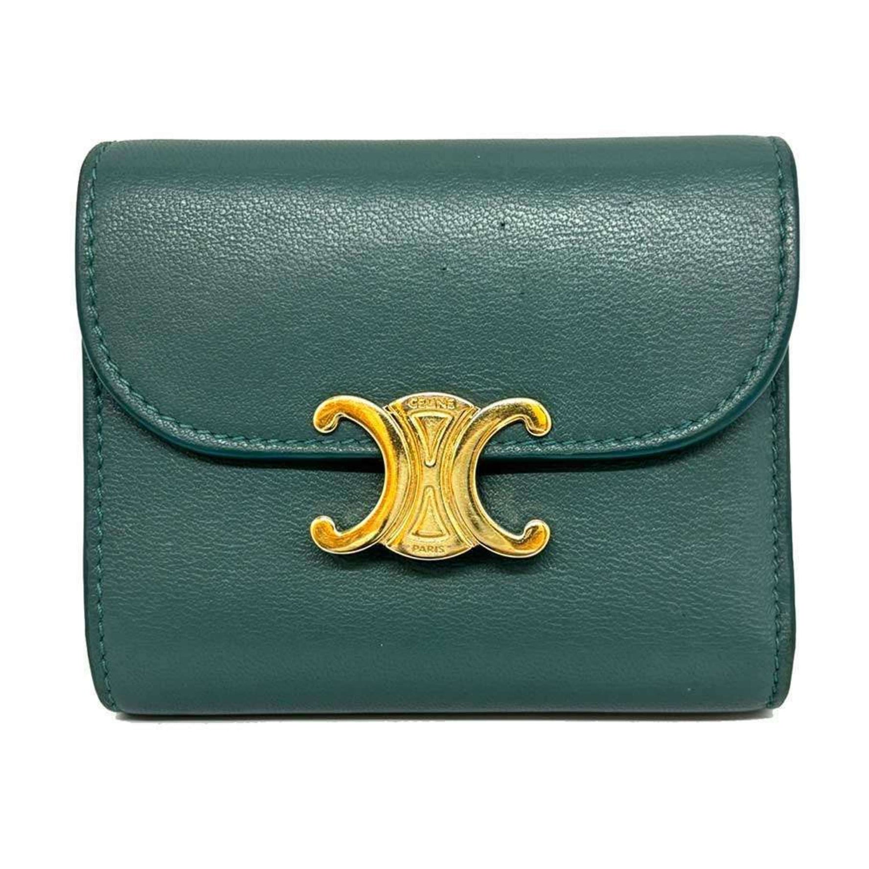 Celine Triomphe Small Flap Wallet Bi-fold Green Leather