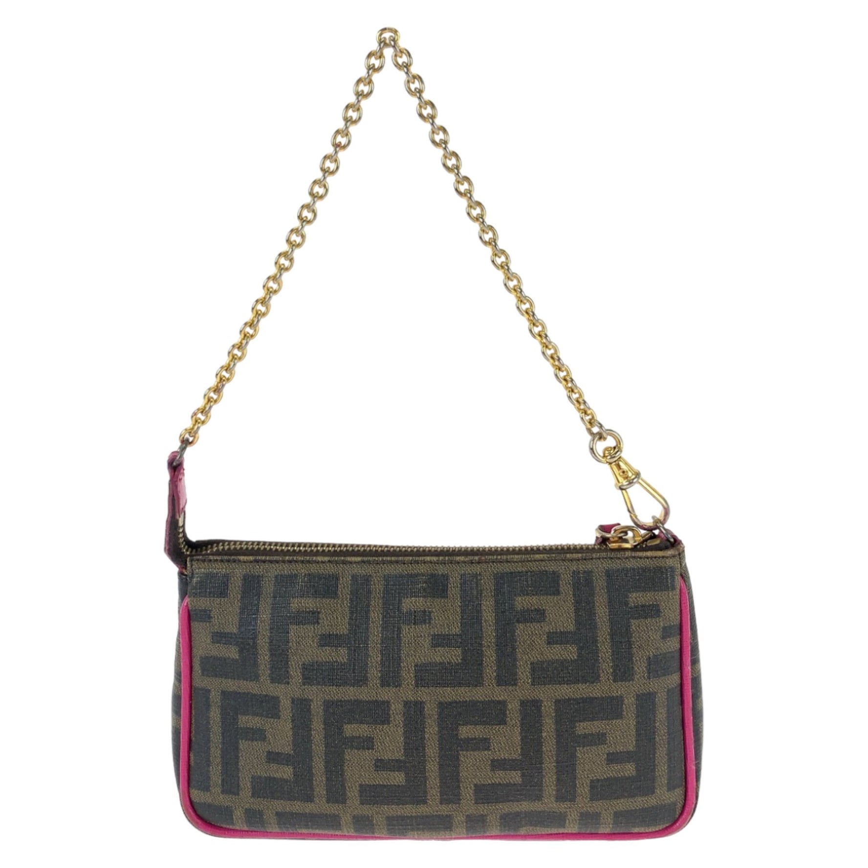 FENDI Zucca pattern brown, pink, and gold hardware leather handbag with chain, accessory pouch, GRP