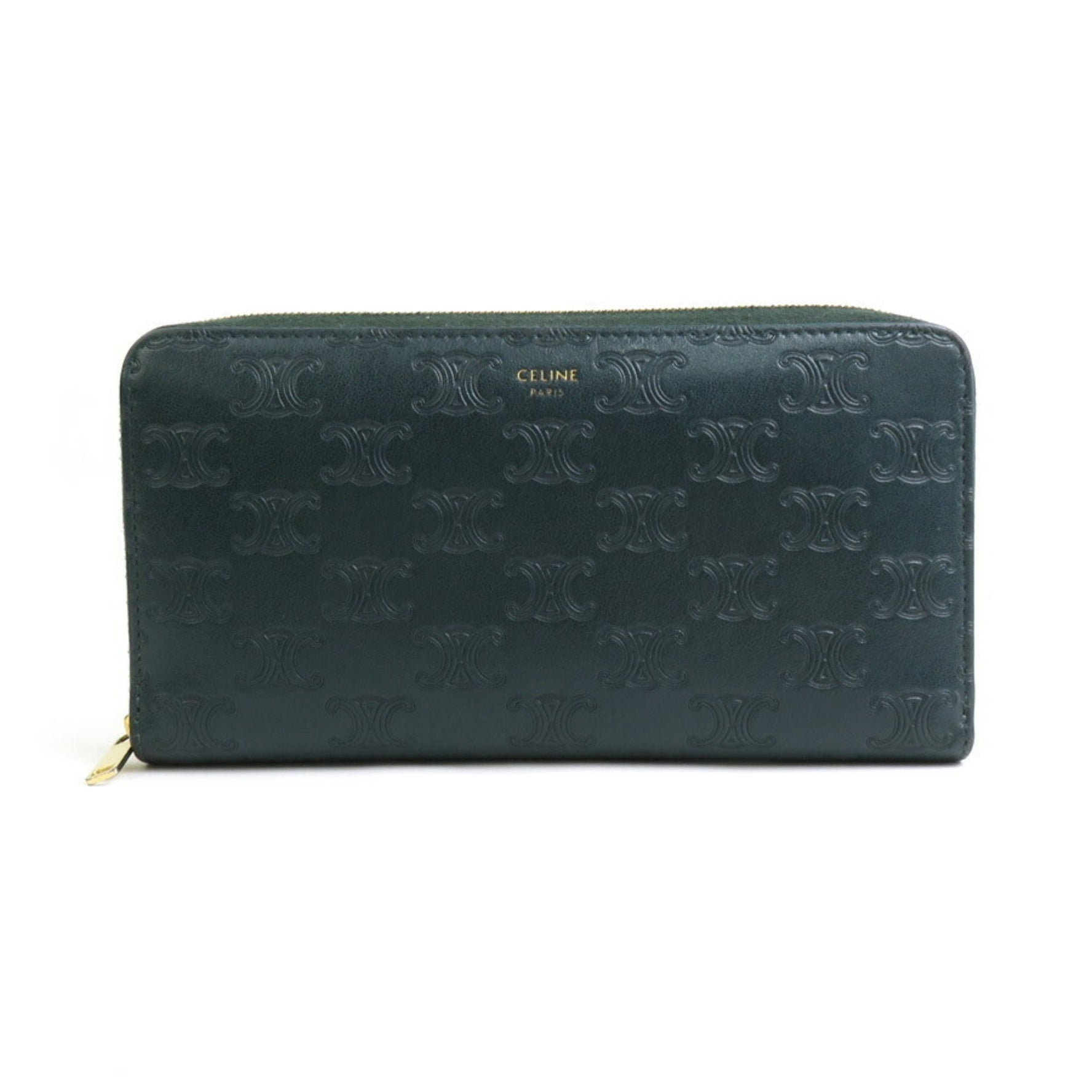 CELINE Triomphe Round Long Wallet, Leather, Dark Green, Men's