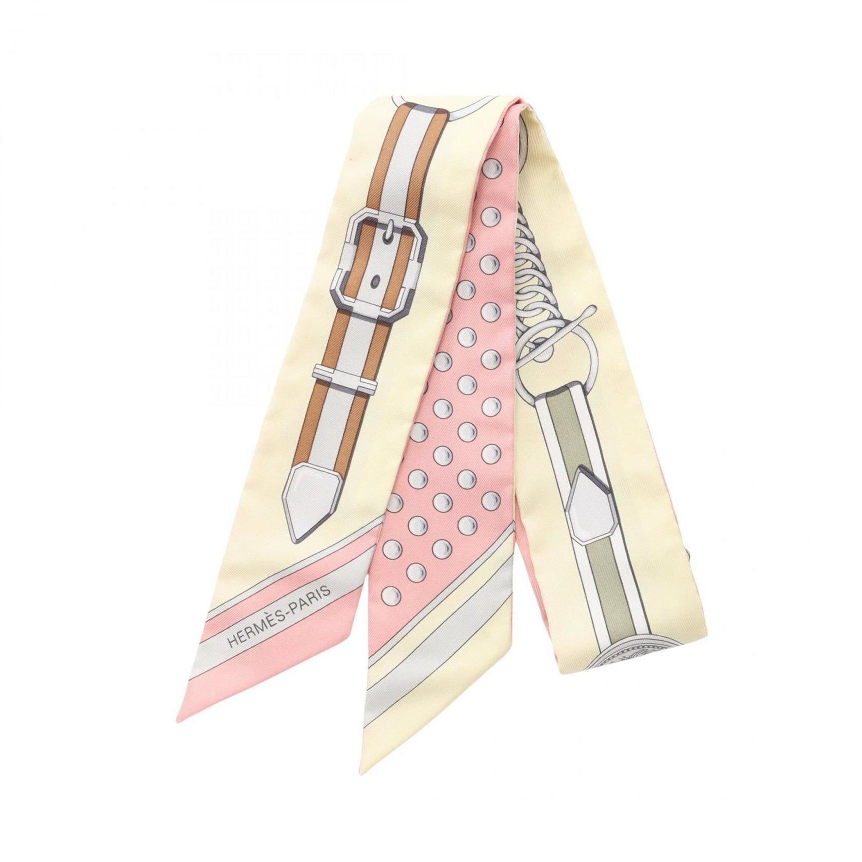 Hermes Hermès Twilly Grand TralaLa silk scarf in beige, pink, and multicolor.