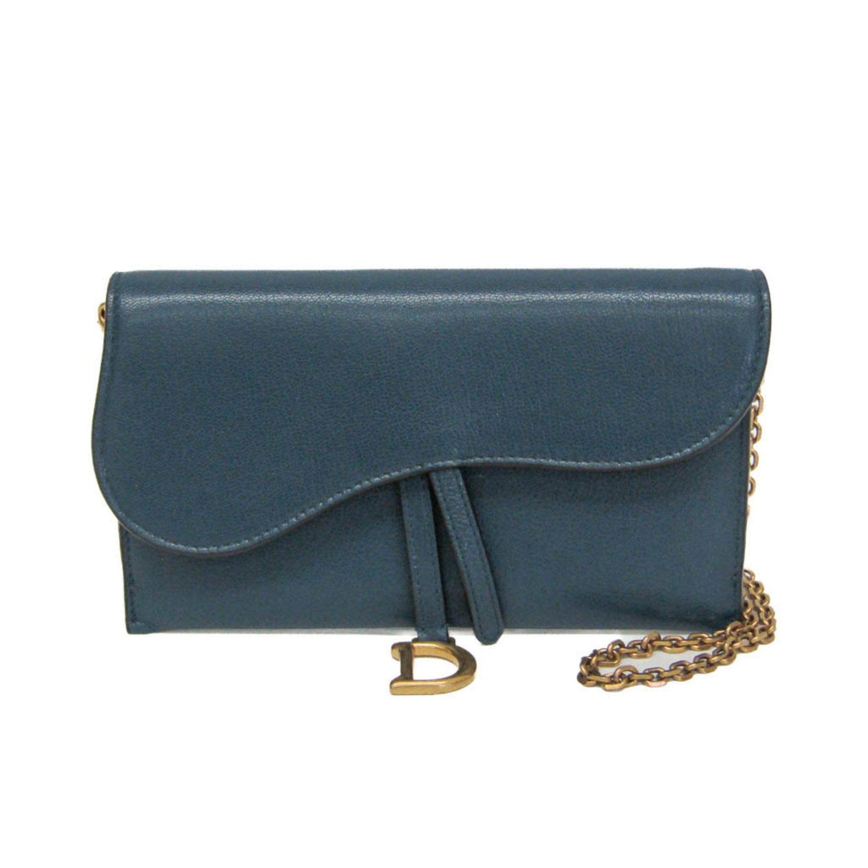 Christian Dior Saddle Chain Shoulder Wallet Goatskin Chain/Shoulder Wallet Blue Green