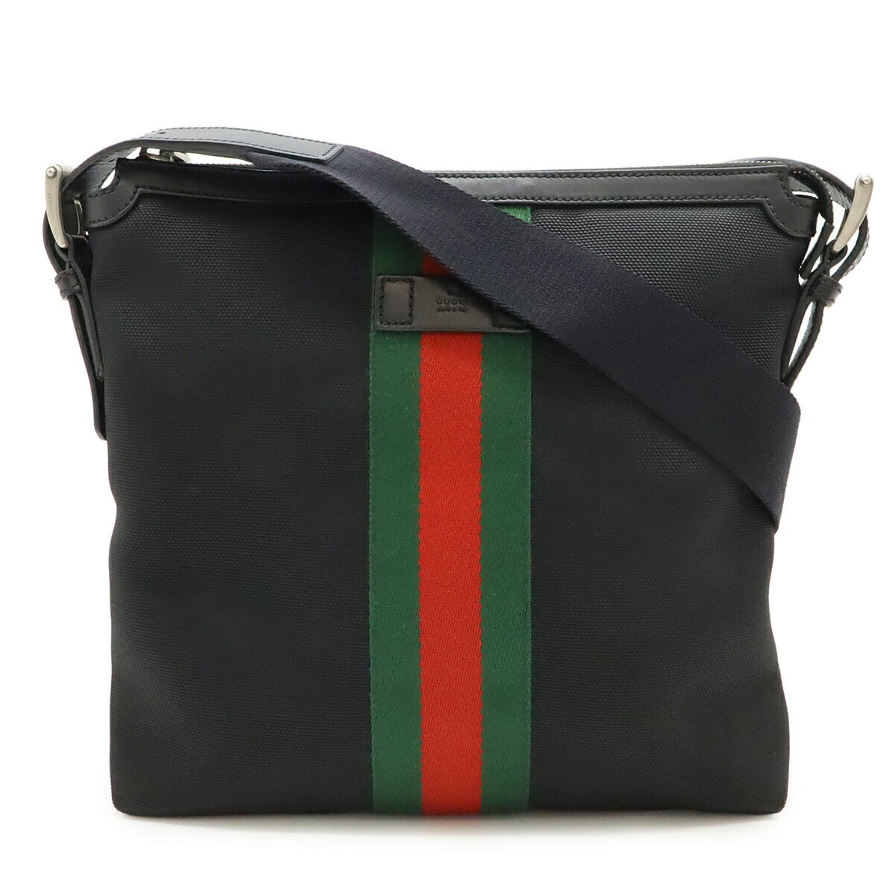 GUCCI Web Stripe Sherry Line Shoulder Bag in Techno Canvas and Leather, Black