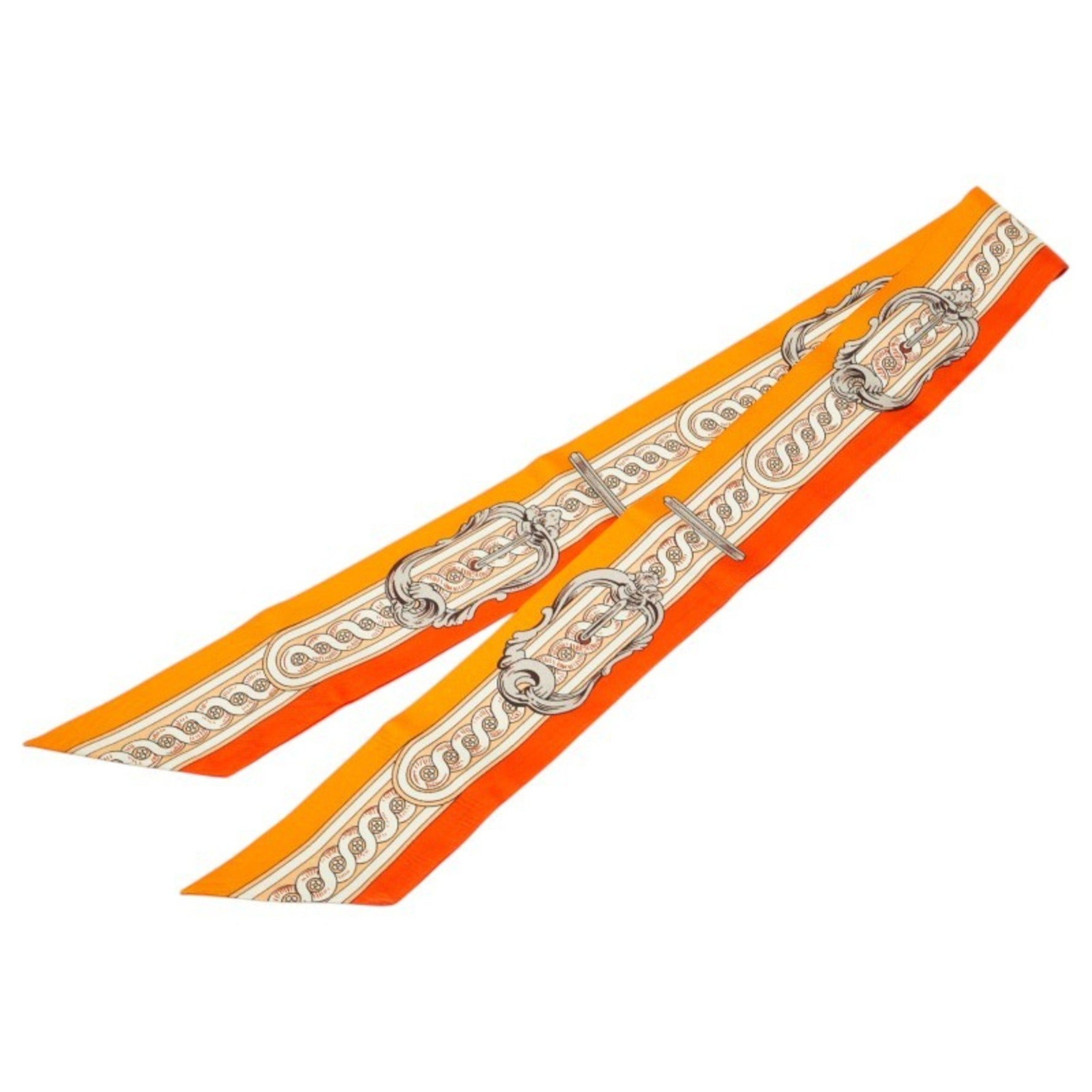 Hermès Twilly BRIDE DE COUR (Brief of the Court) Scarf, Orange, Beige, Multicolor, Silk, HERMES